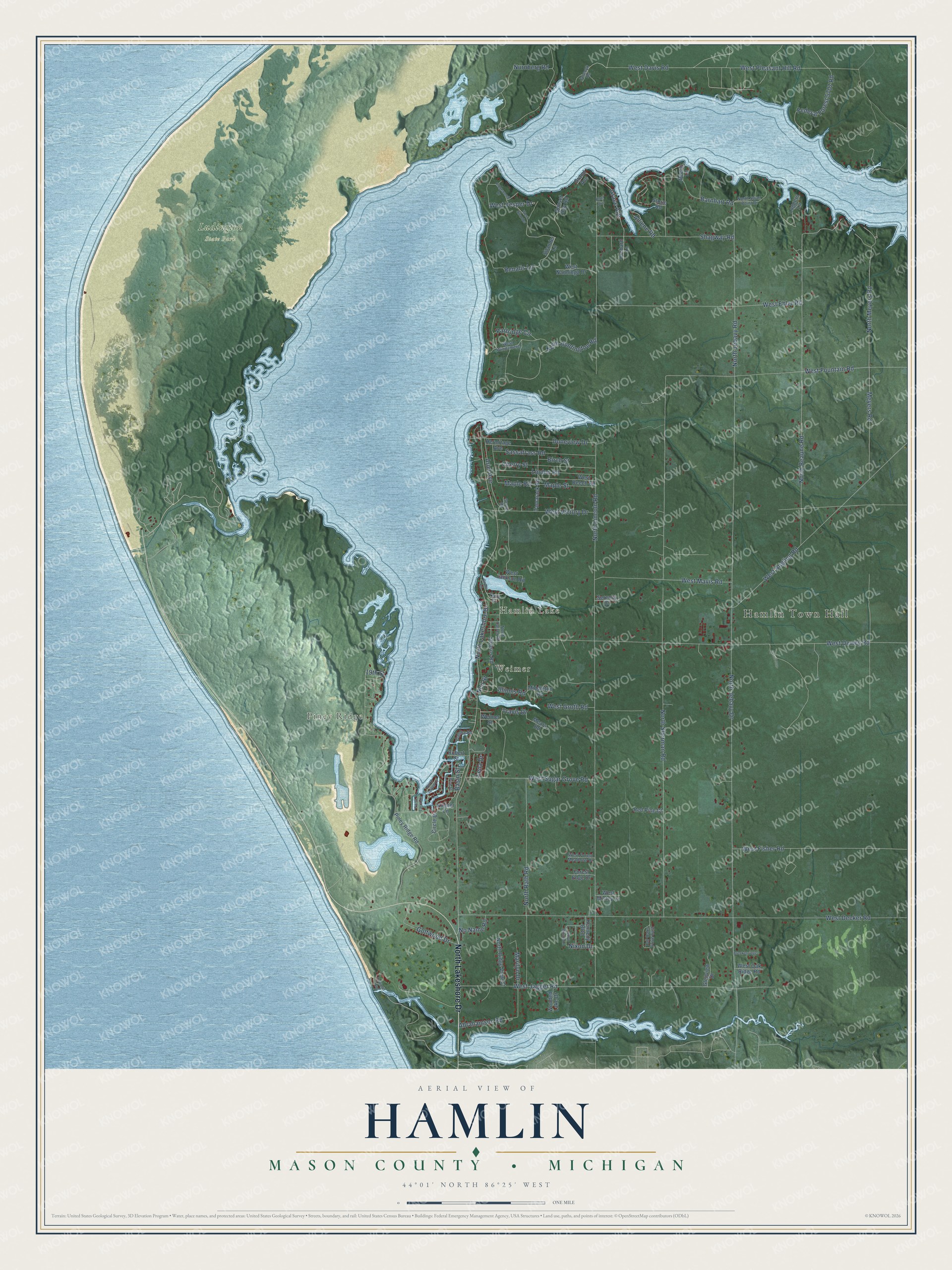 Full map of Hamlin, Michigan, with red buildings, printed street names and the land around them