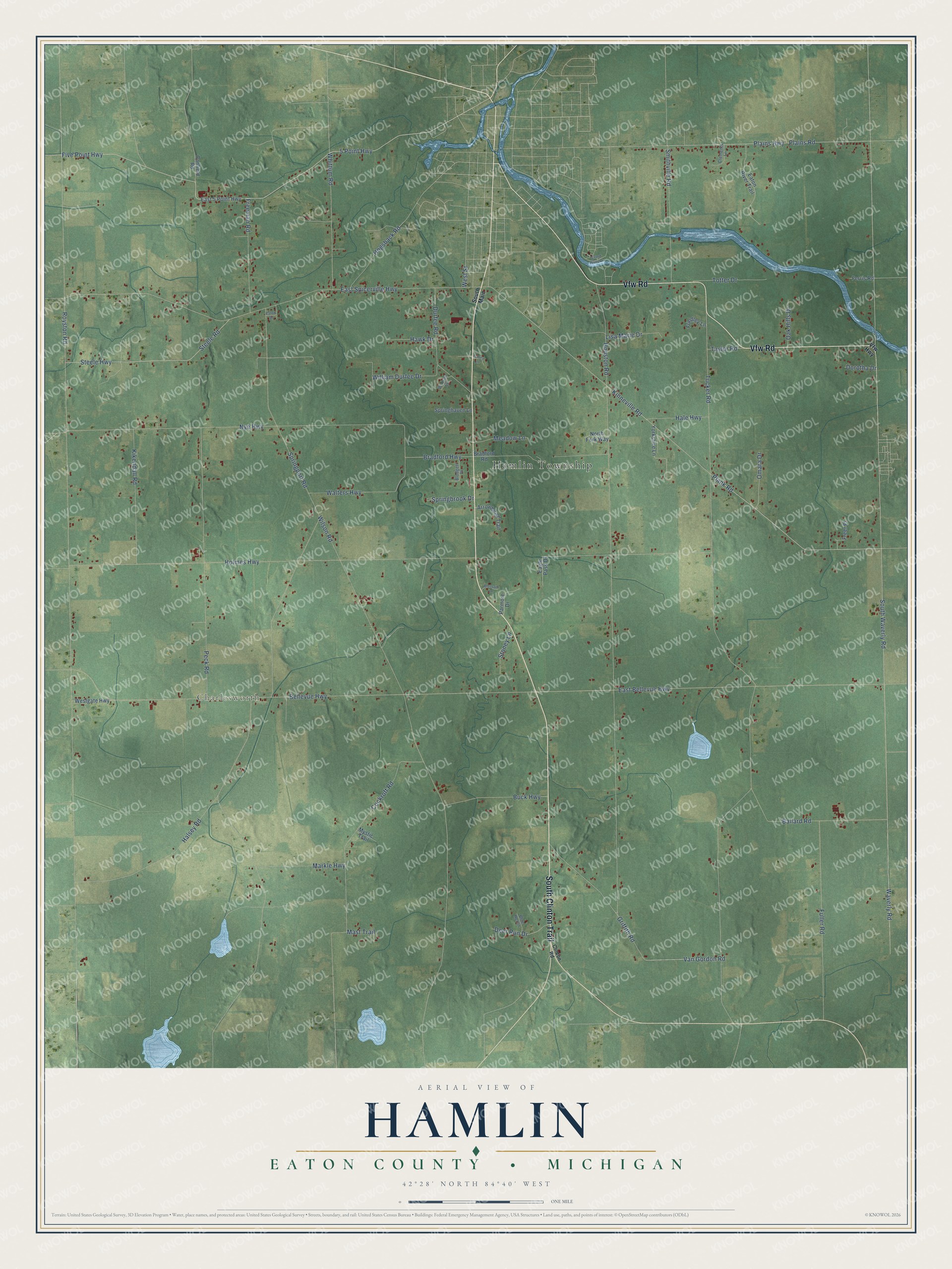 Full map of Hamlin, Michigan, with red buildings, printed street names and the land around them