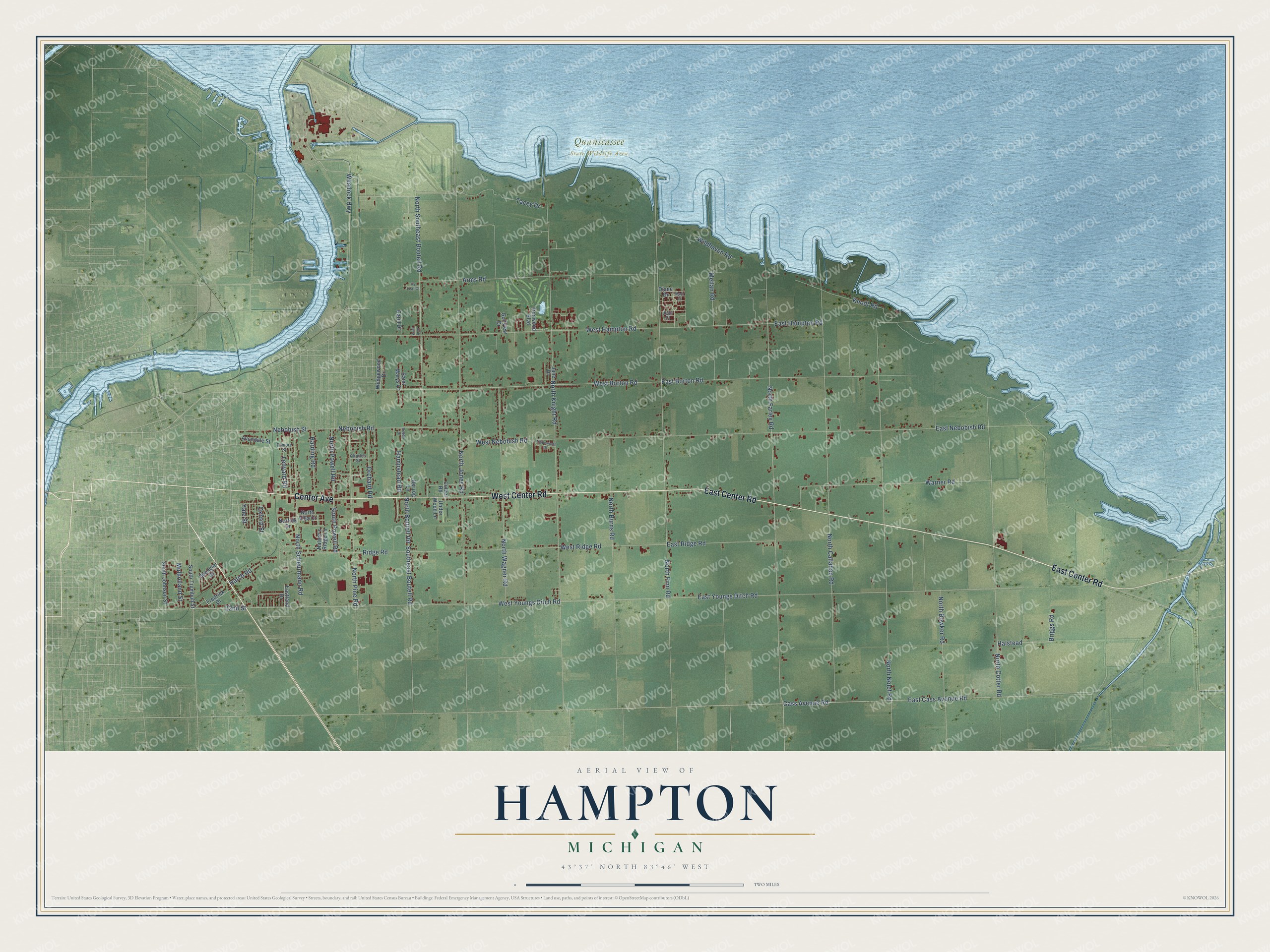 Full map of Hampton, Michigan, with red buildings, printed street names and the land around them