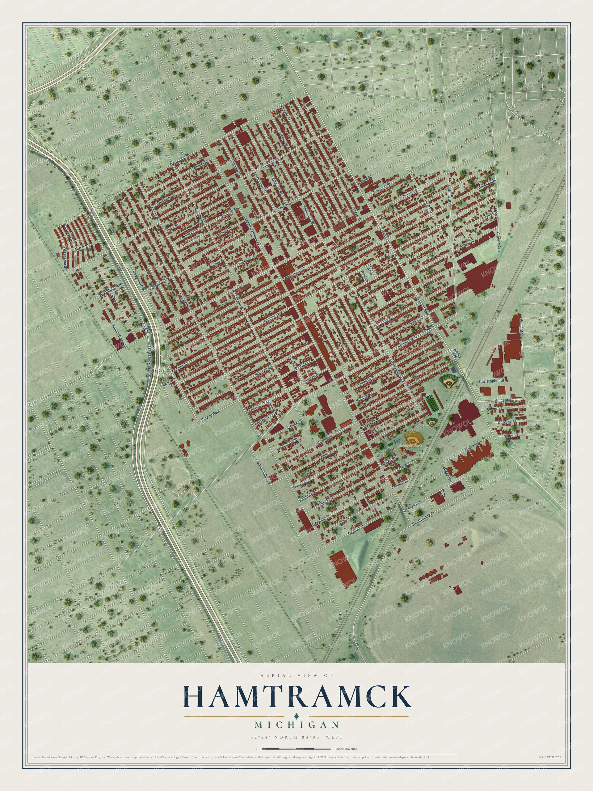 Full map of Hamtramck, Michigan, with red buildings, printed street names and the land around them