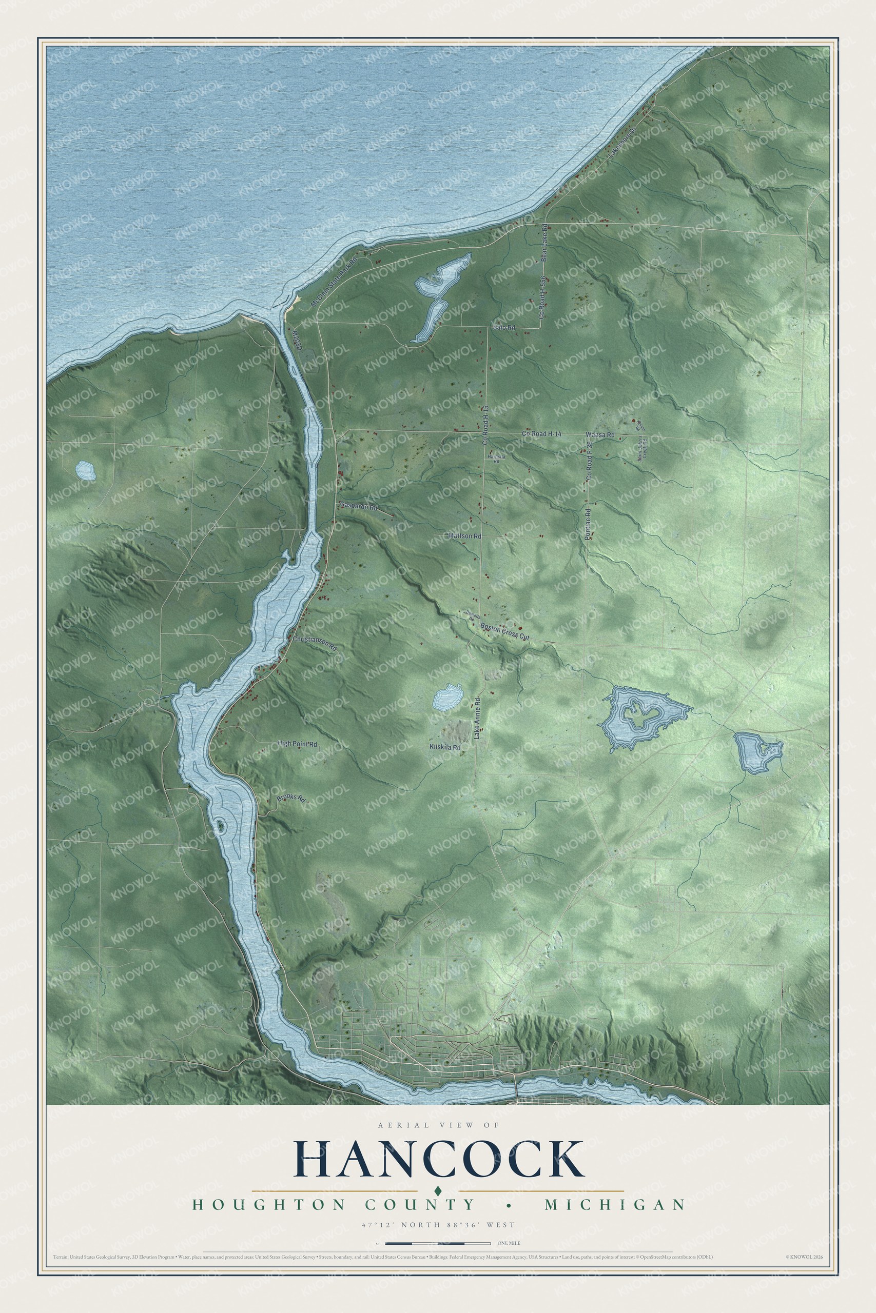 Full map of Hancock, Michigan, with red buildings, printed street names and the land around them
