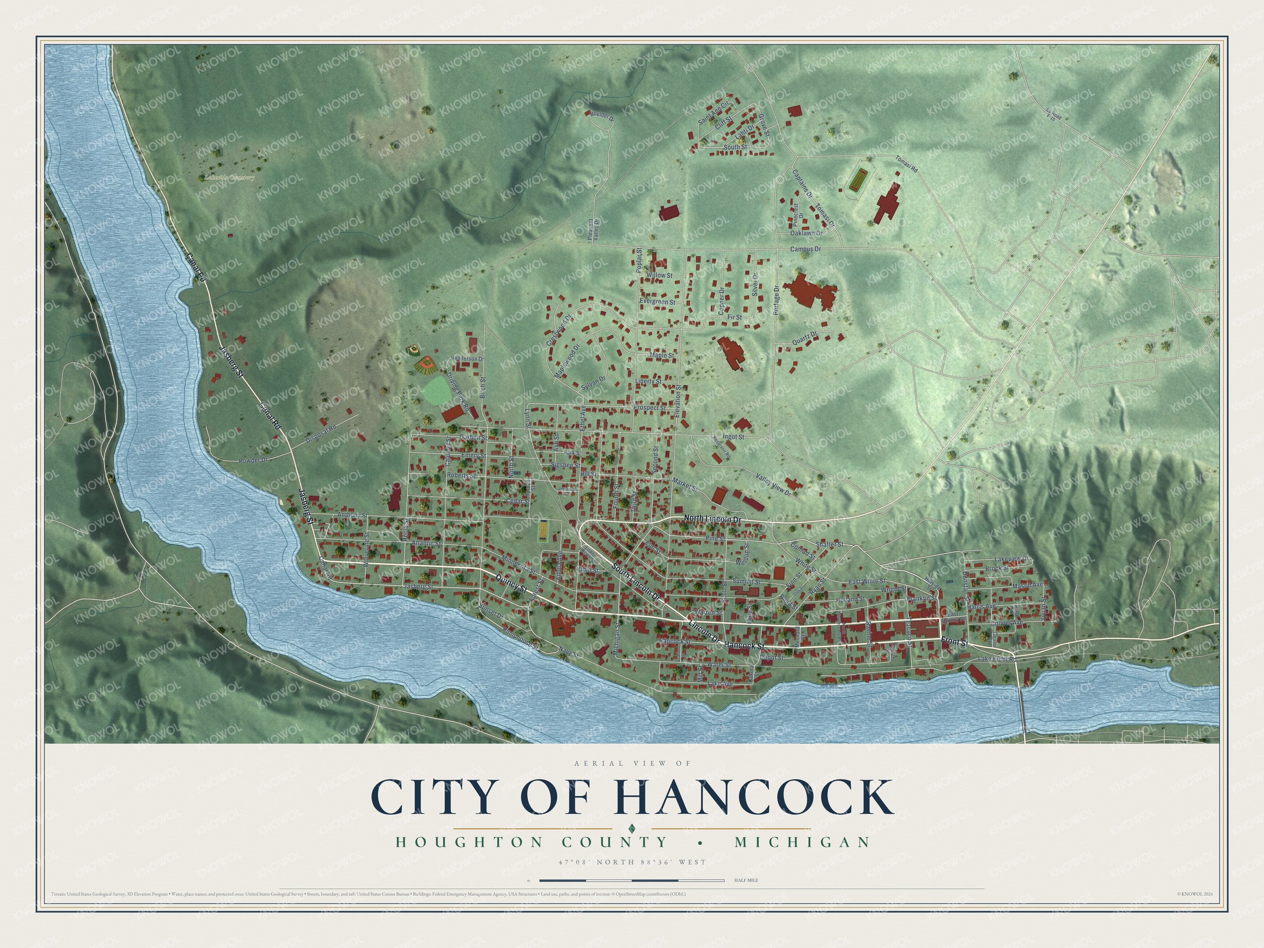Full map of Hancock, Michigan, with red buildings, printed street names and the land around them
