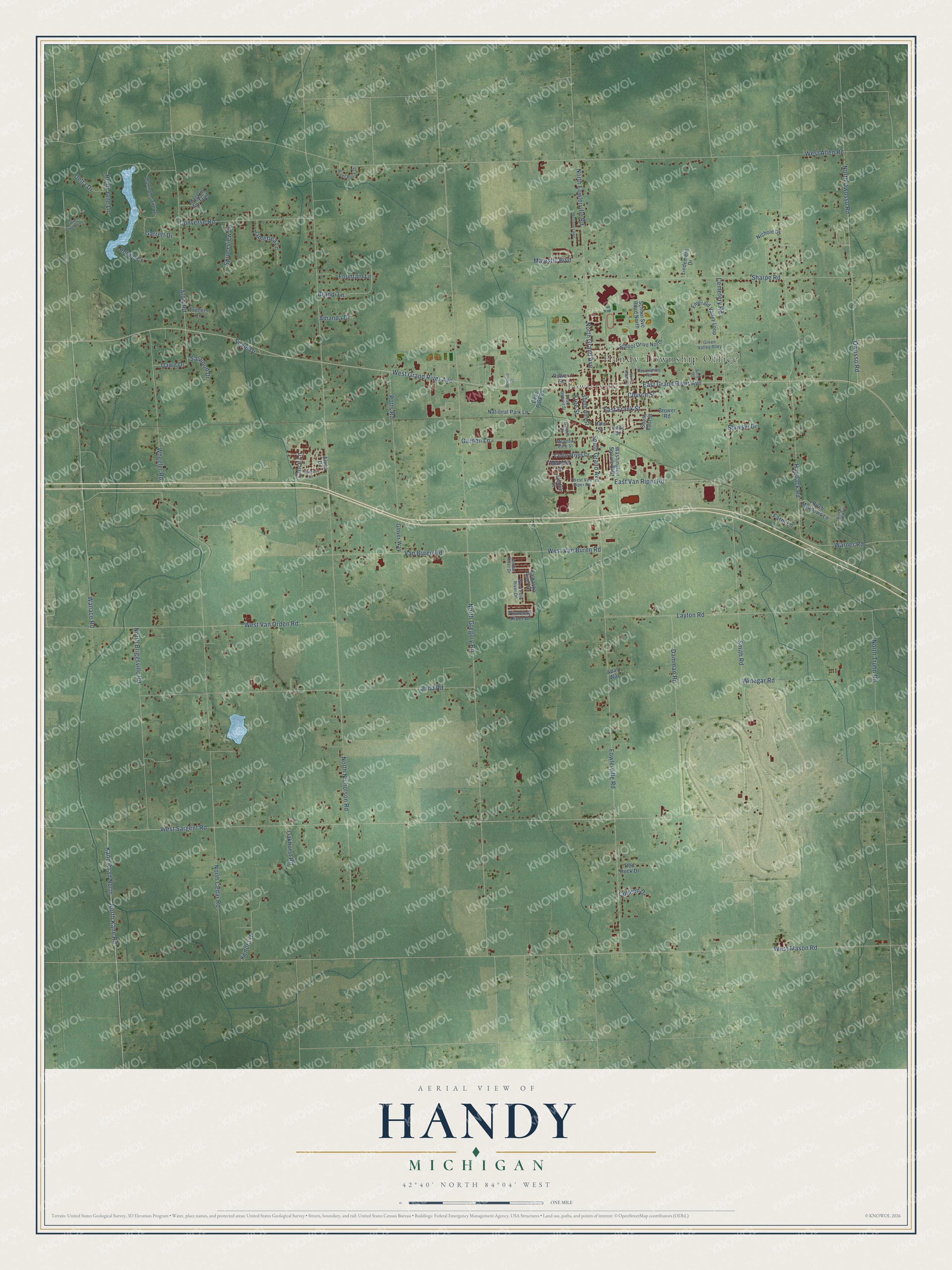 Full map of Handy, Michigan, with red buildings, printed street names and the land around them