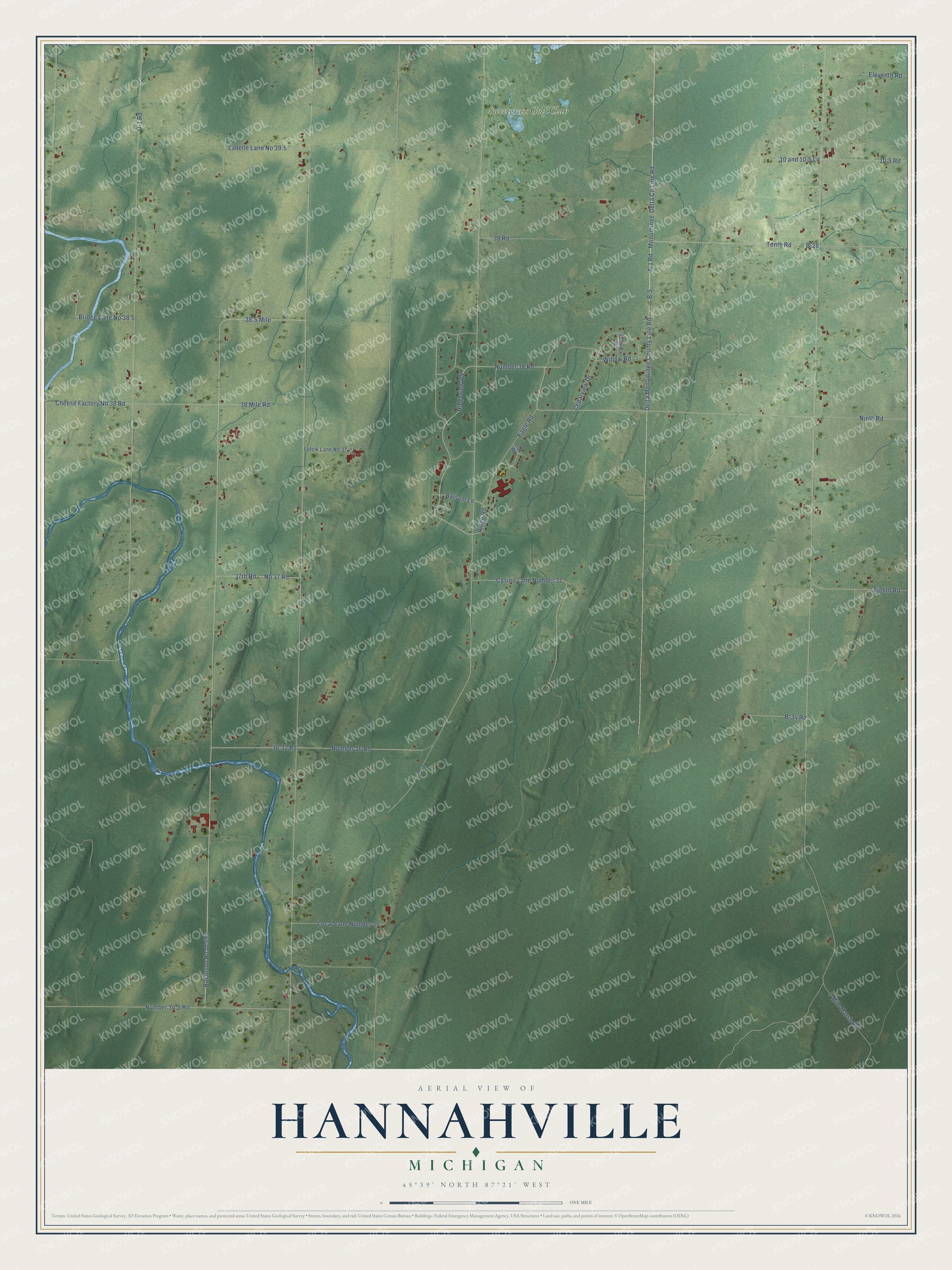 Full map of Hannahville, Michigan, with red buildings, printed street names and the land around them