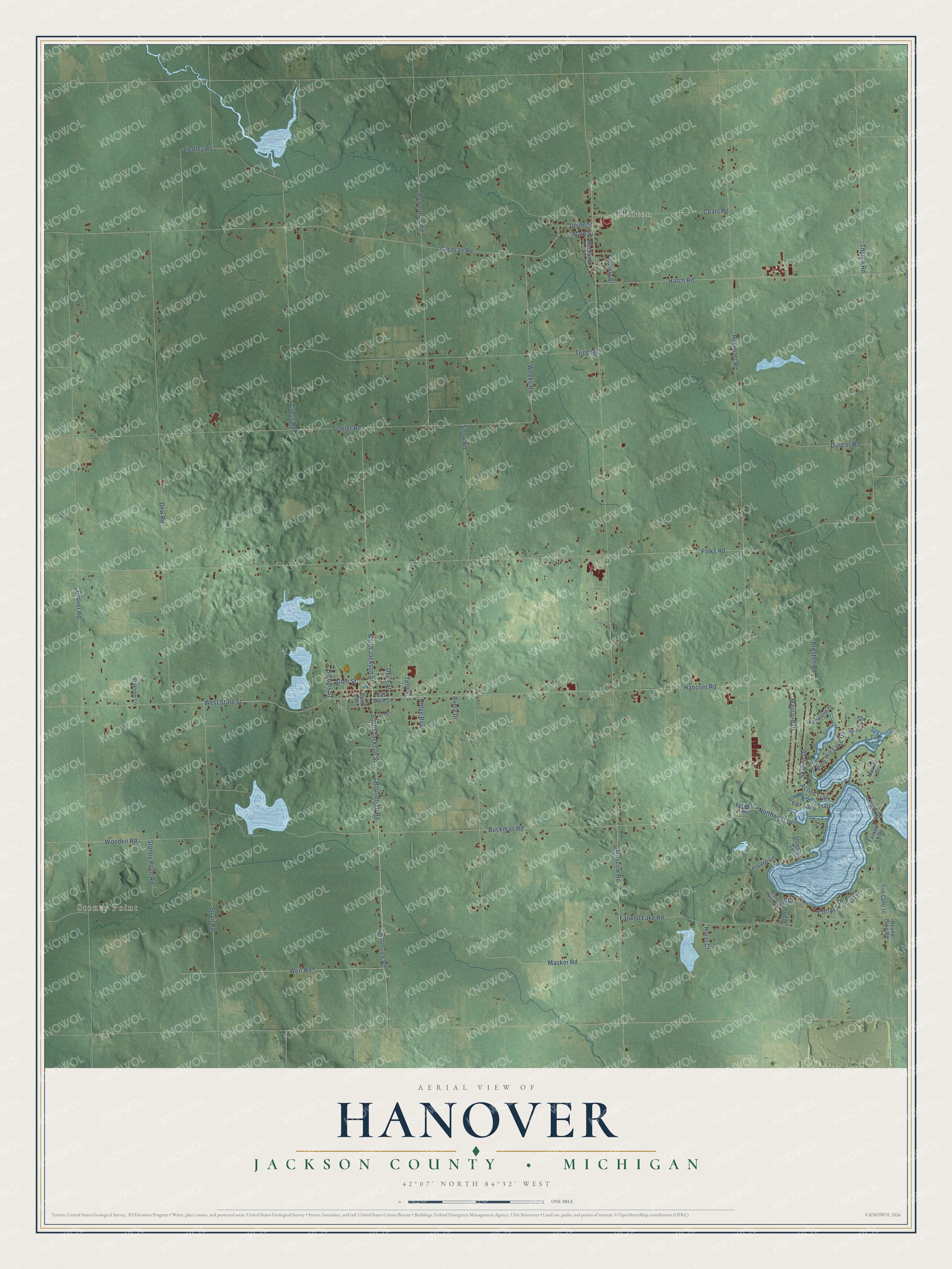 Full map of Hanover, Michigan, with red buildings, printed street names and the land around them