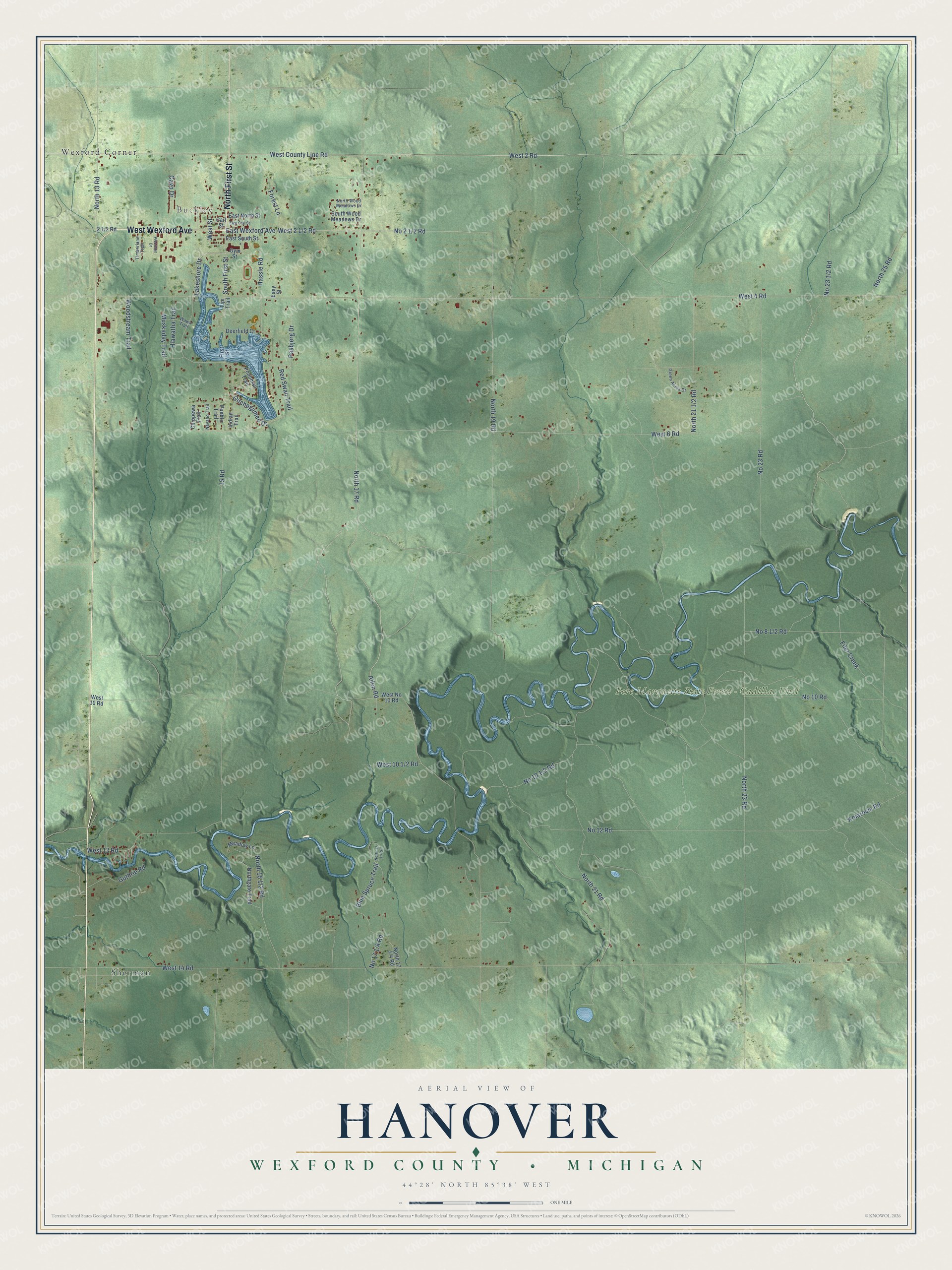 Full map of Hanover, Michigan, with red buildings, printed street names and the land around them