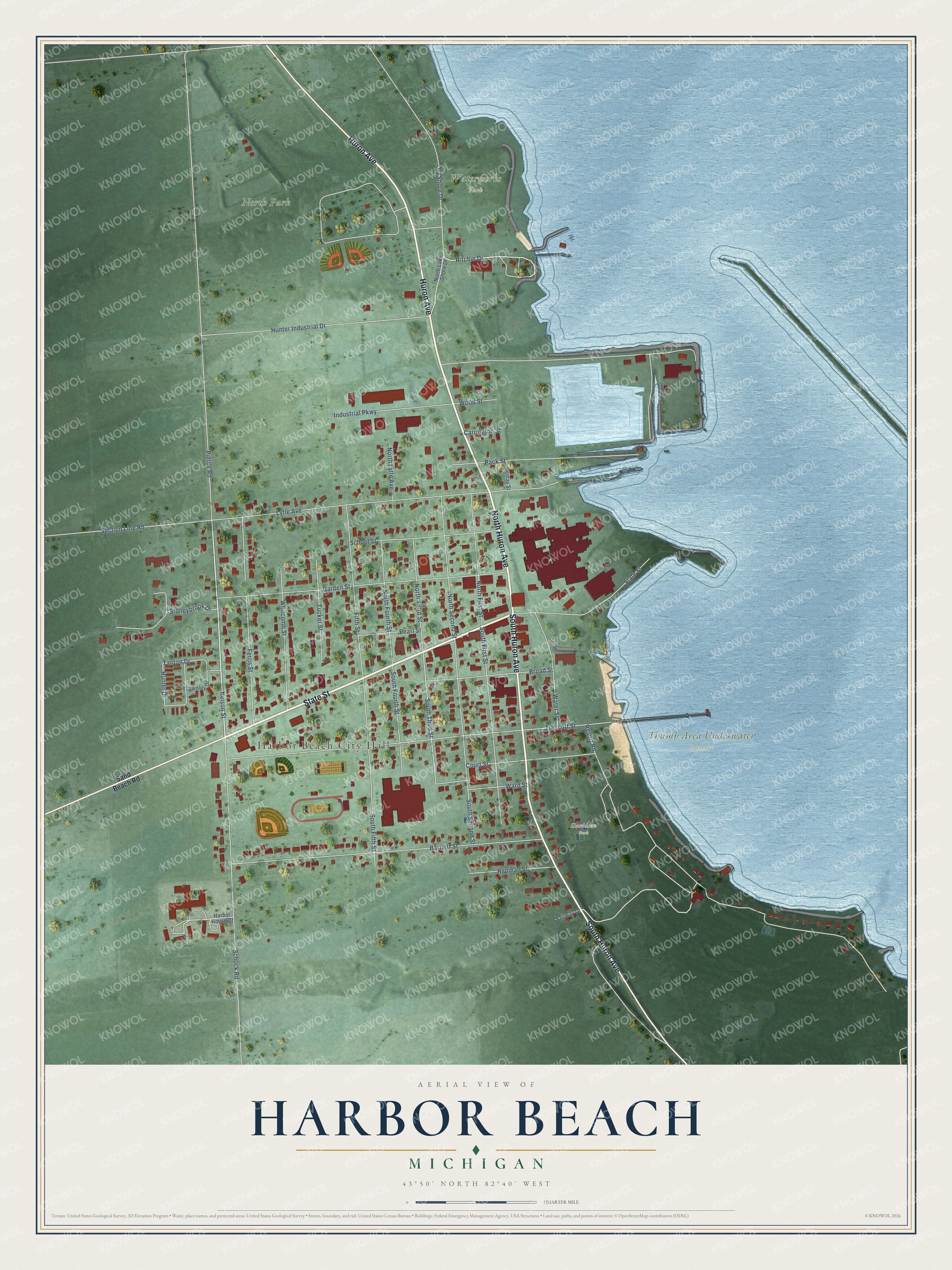 Full map of Harbor Beach, Michigan, with red buildings, printed street names and the land around them