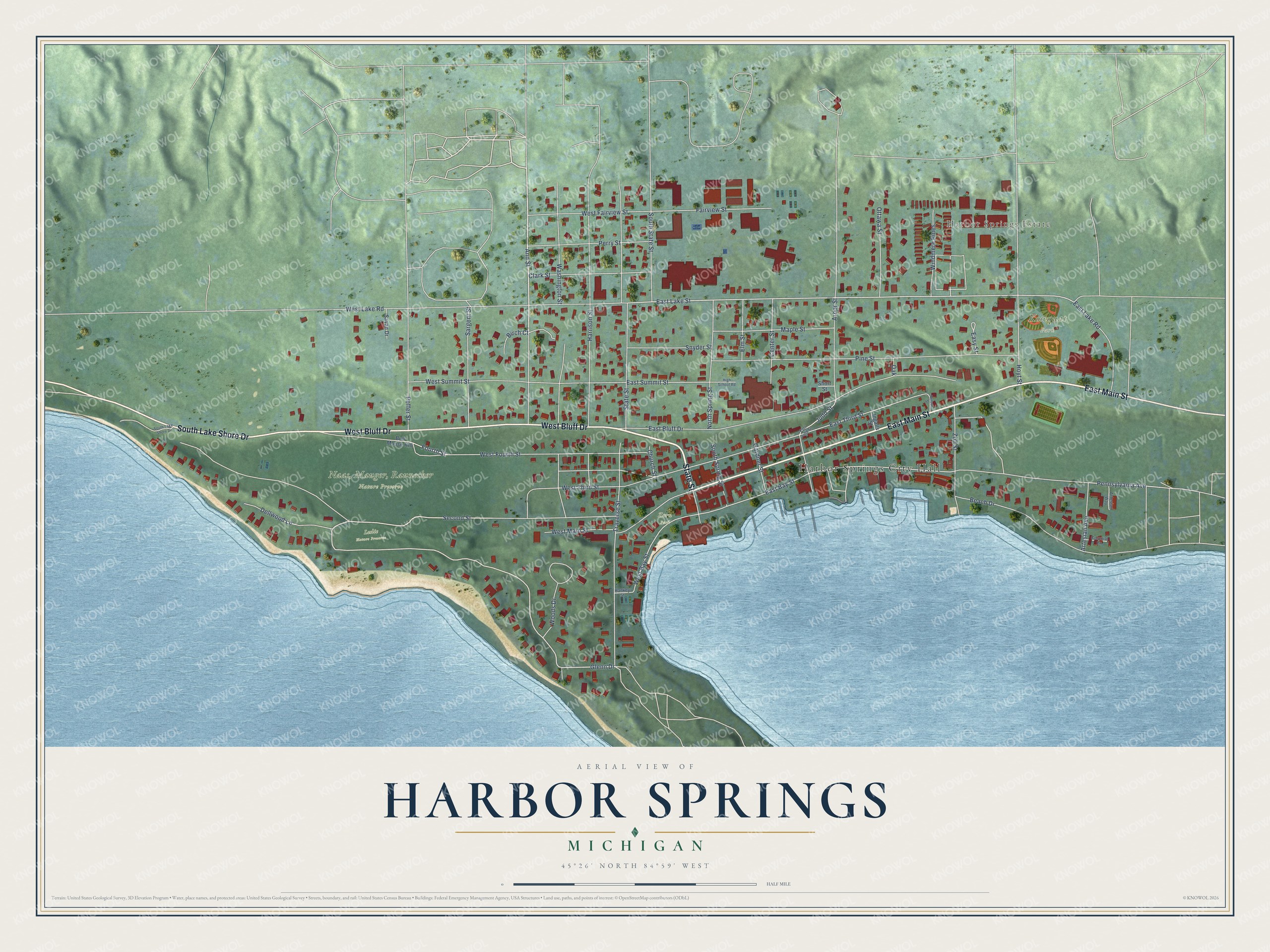 Full map of Harbor Springs, Michigan, with red buildings, printed street names and the land around them