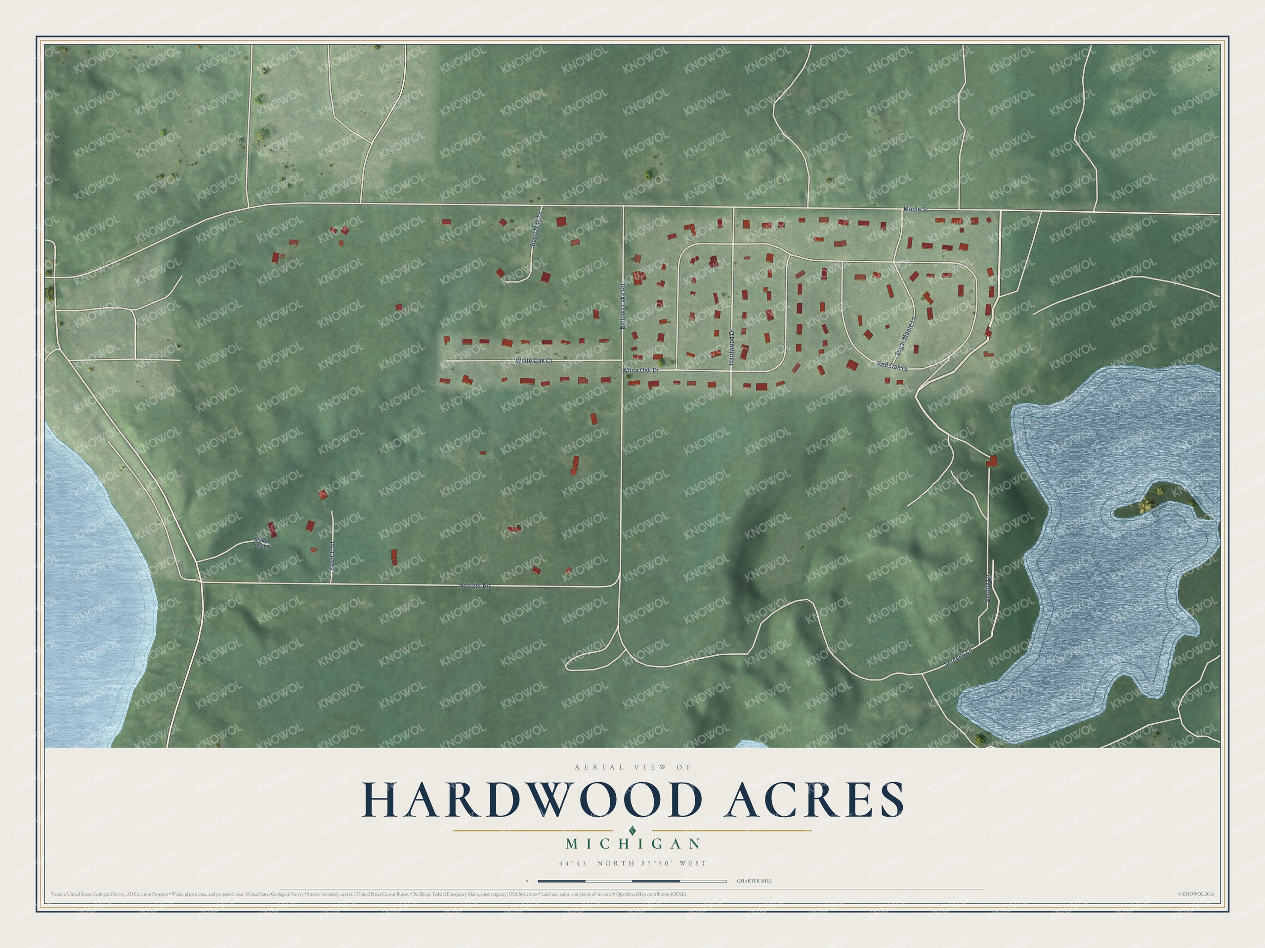 Full map of Hardwood Acres, Michigan, with red buildings, printed street names and the land around them