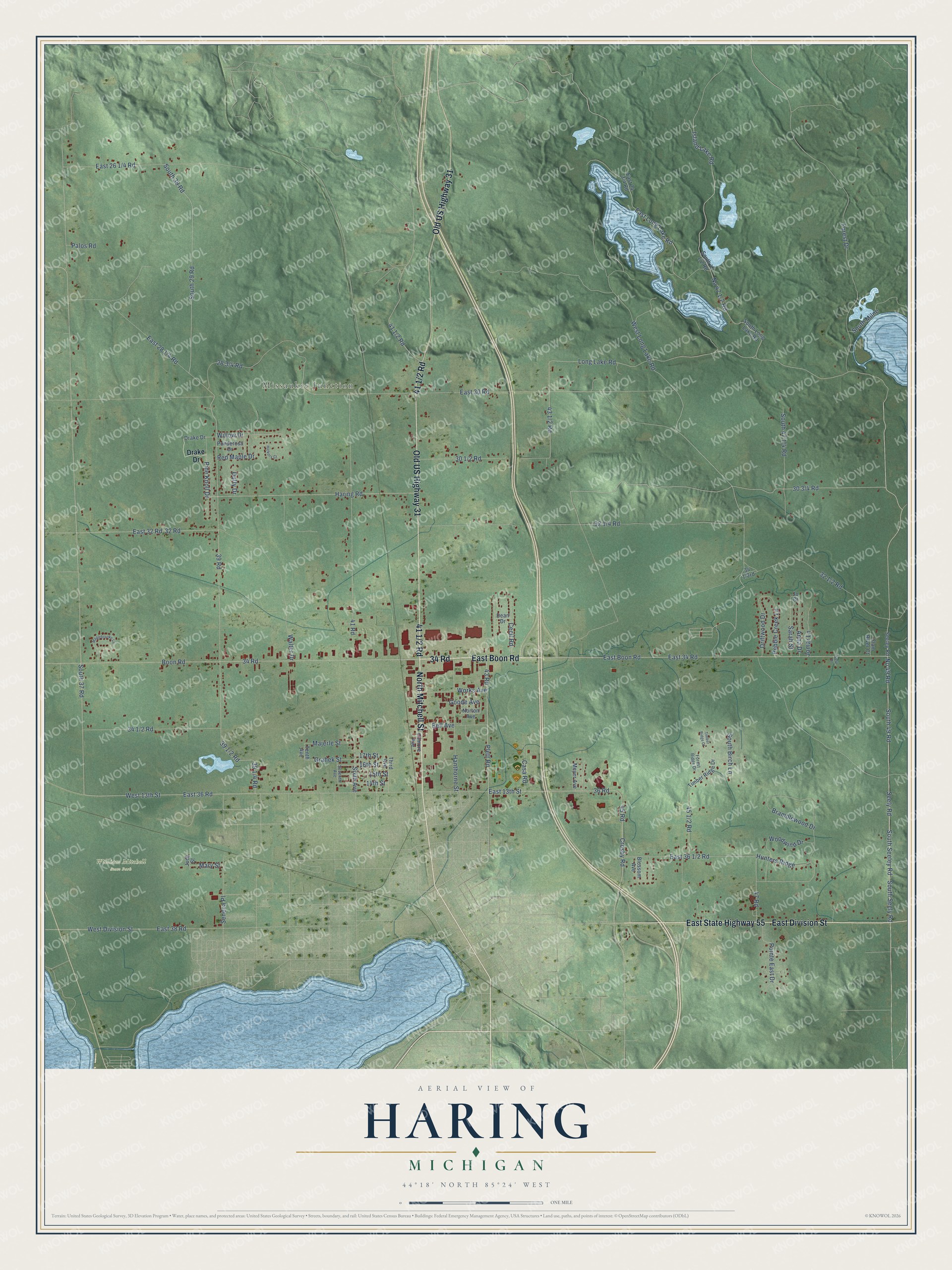 Full map of Haring, Michigan, with red buildings, printed street names and the land around them