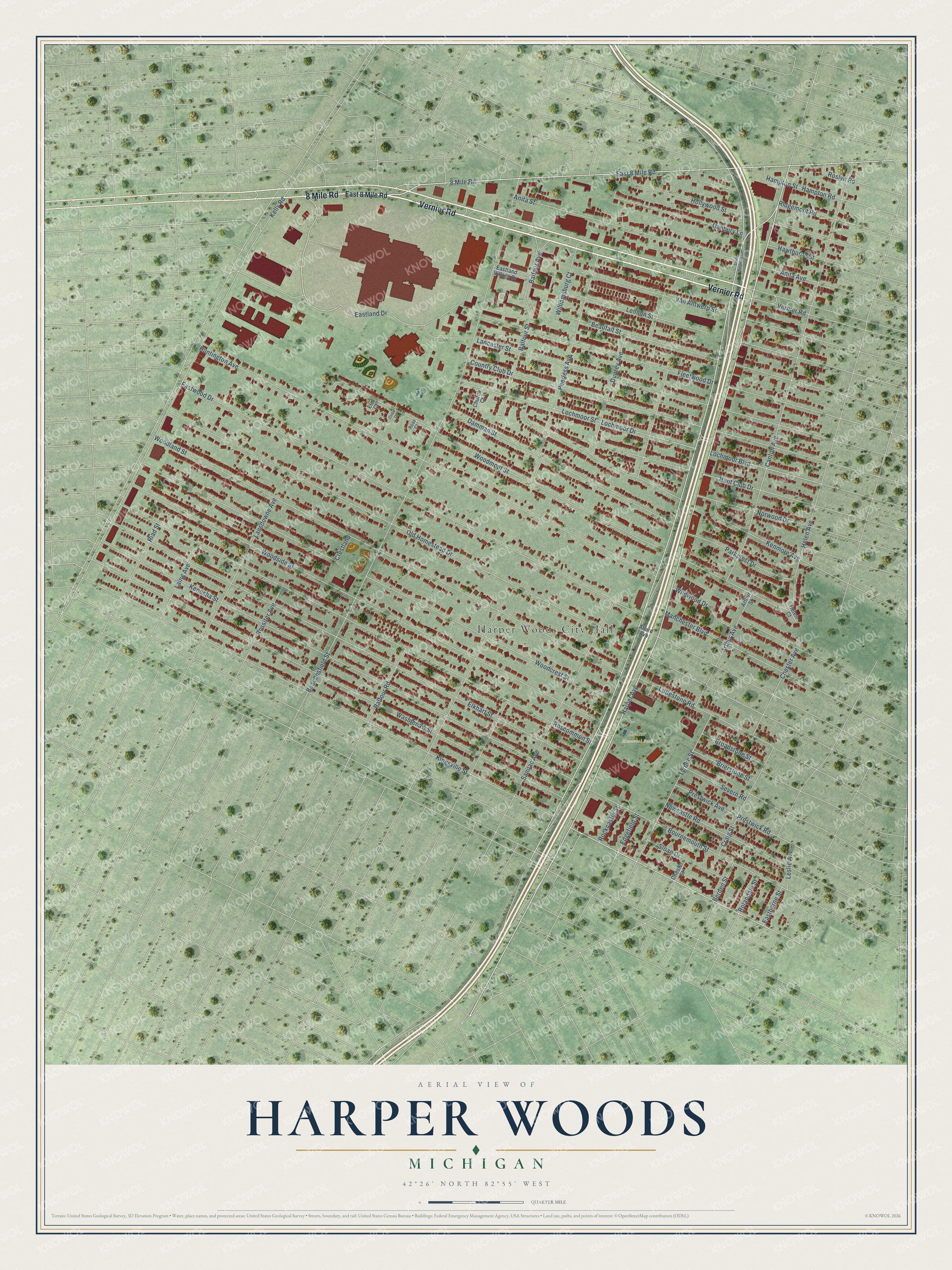 Full map of Harper Woods, Michigan, with red buildings, printed street names and the land around them
