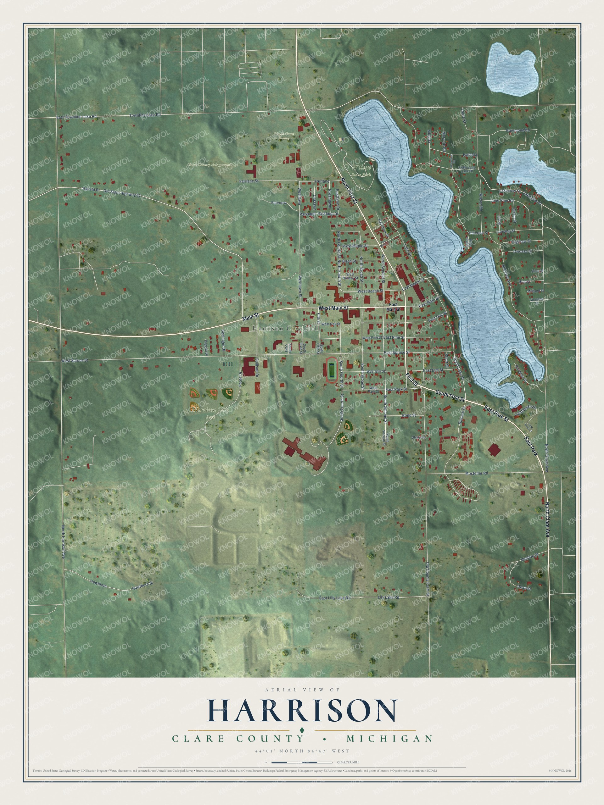 Full map of Harrison, Michigan, with red buildings, printed street names and the land around them