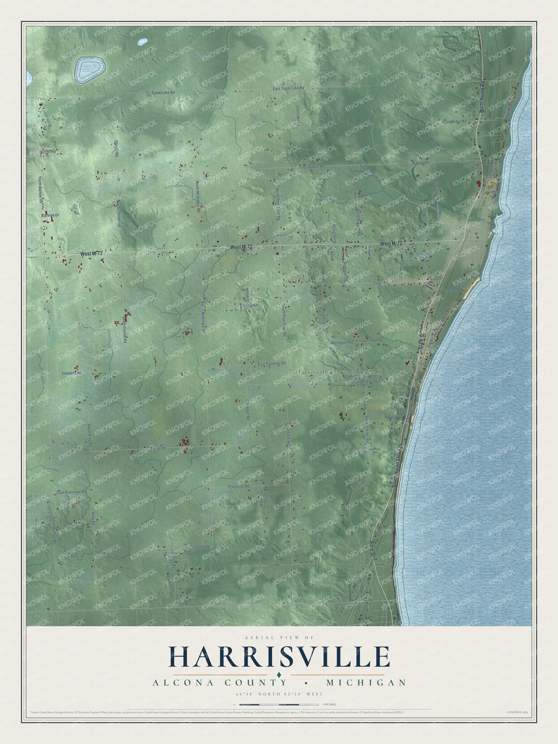 Full map of Harrisville, Michigan, with red buildings, printed street names and the land around them