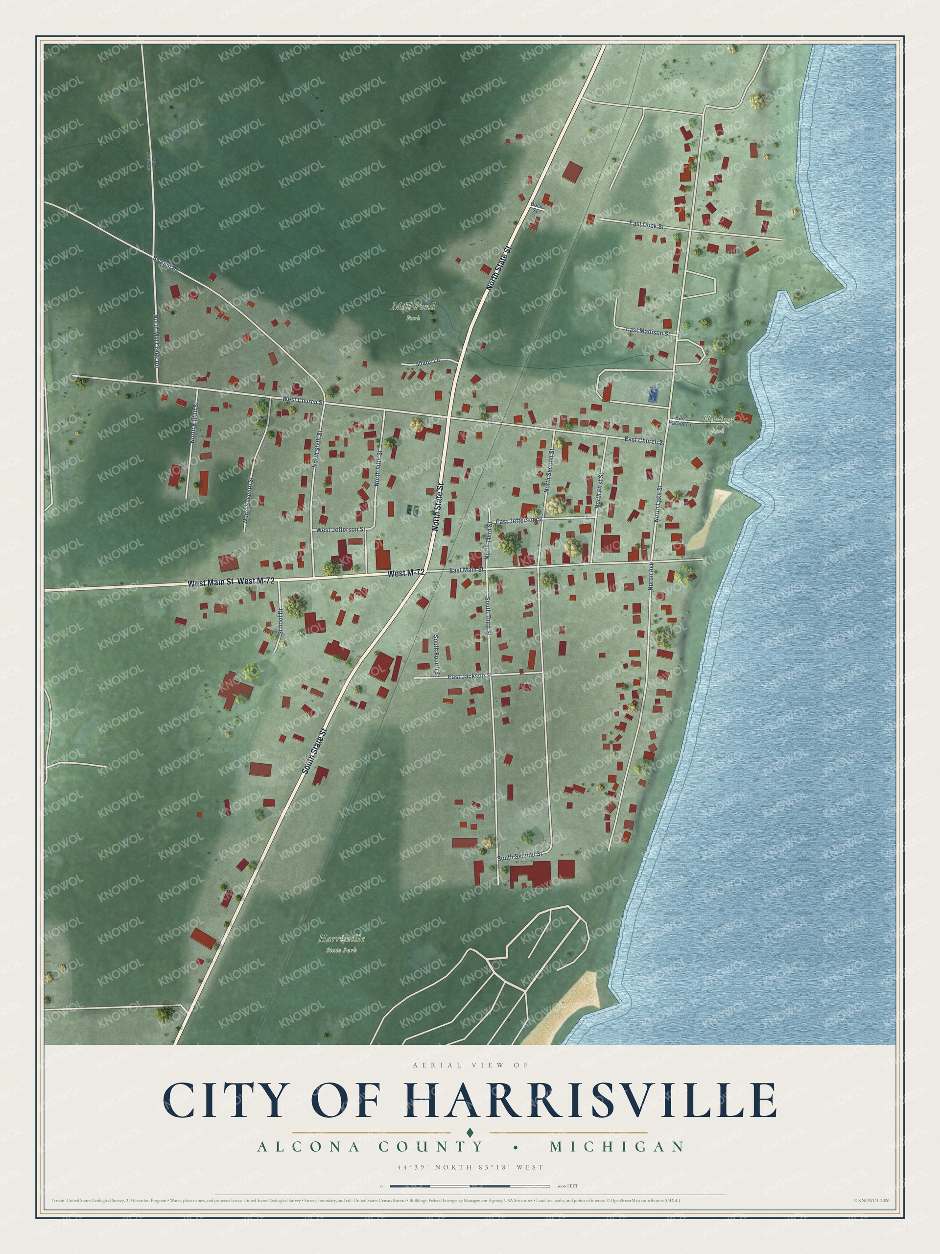Full map of Harrisville, Michigan, with red buildings, printed street names and the land around them