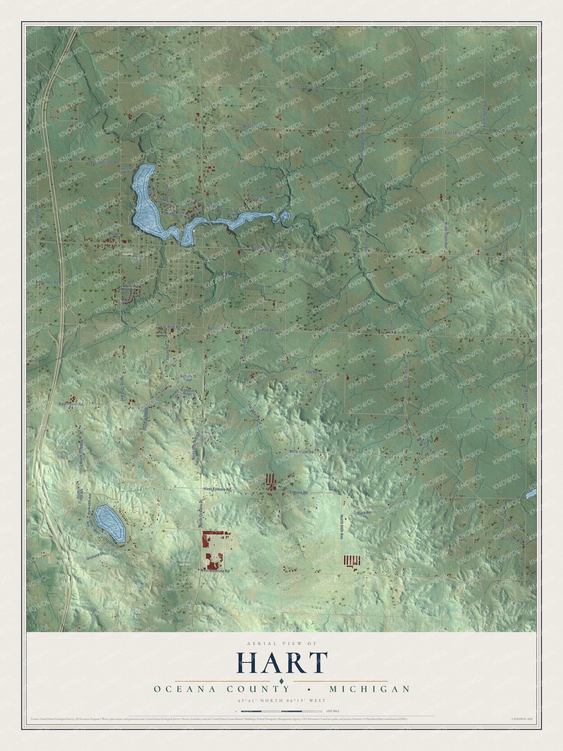 Full map of Hart, Michigan, with red buildings, printed street names and the land around them
