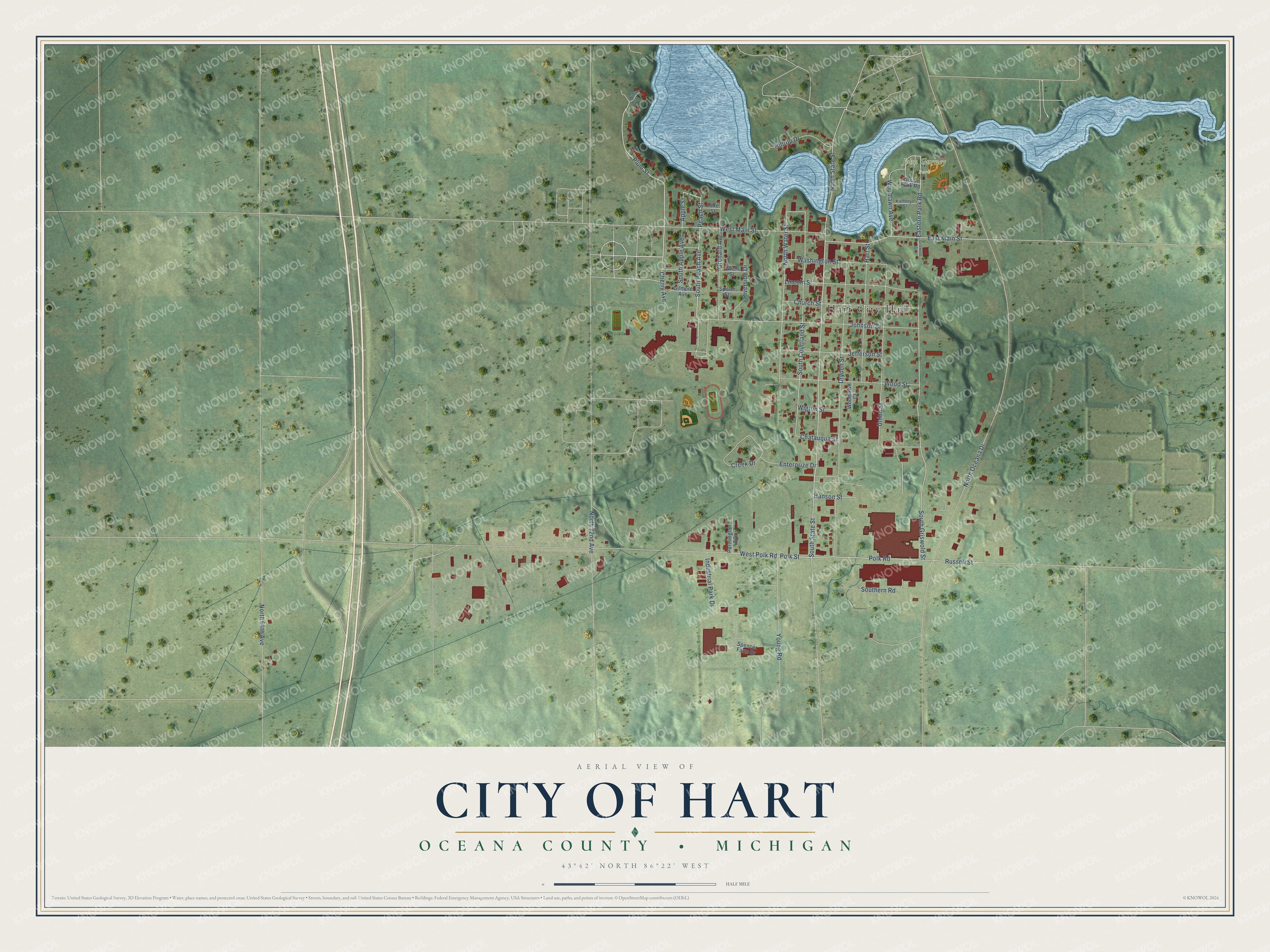 Full map of Hart, Michigan, with red buildings, printed street names and the land around them