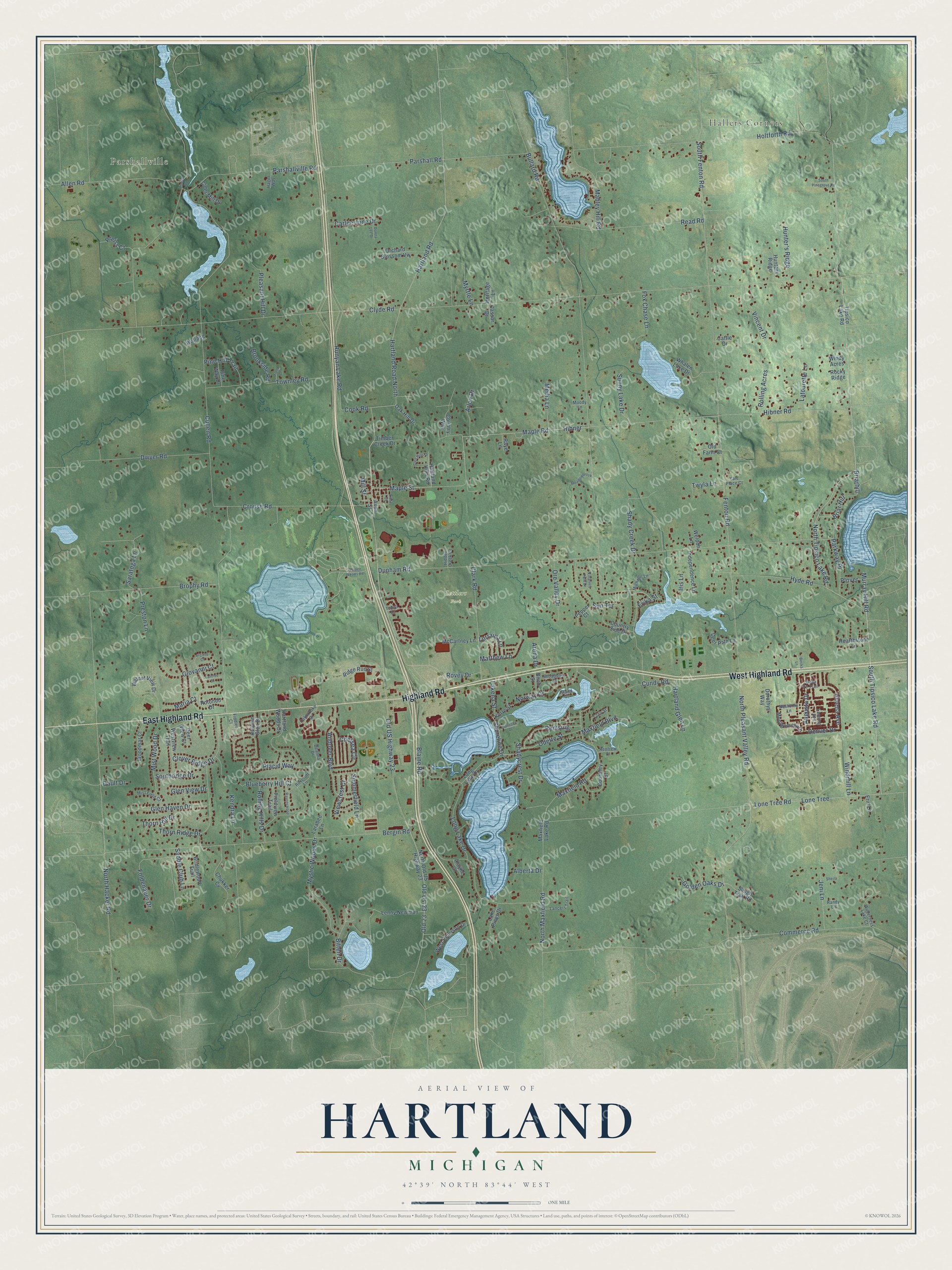 Full map of Hartland, Michigan, with red buildings, printed street names and the land around them