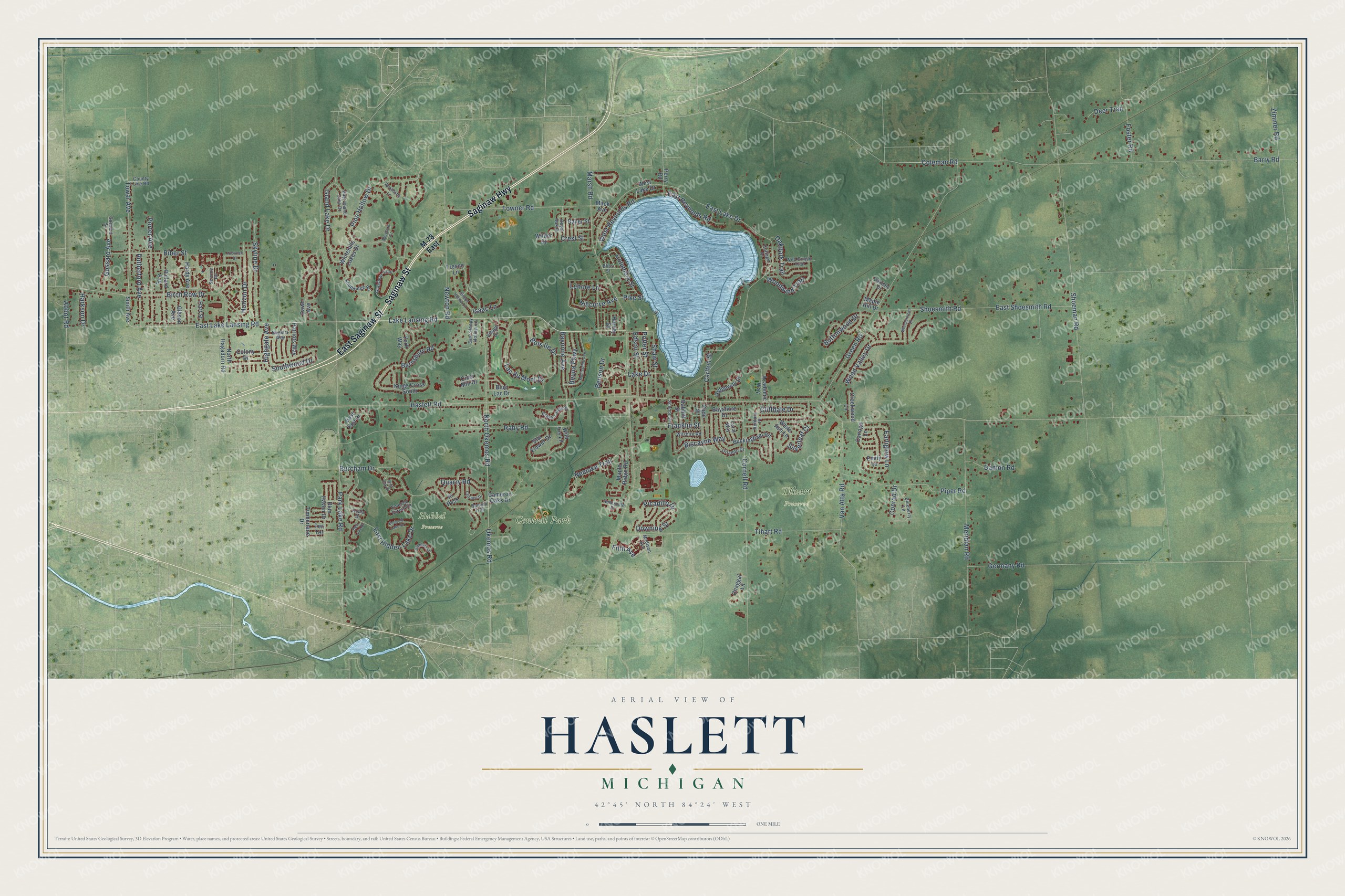 Full map of Haslett, Michigan, with red buildings, printed street names and the land around them