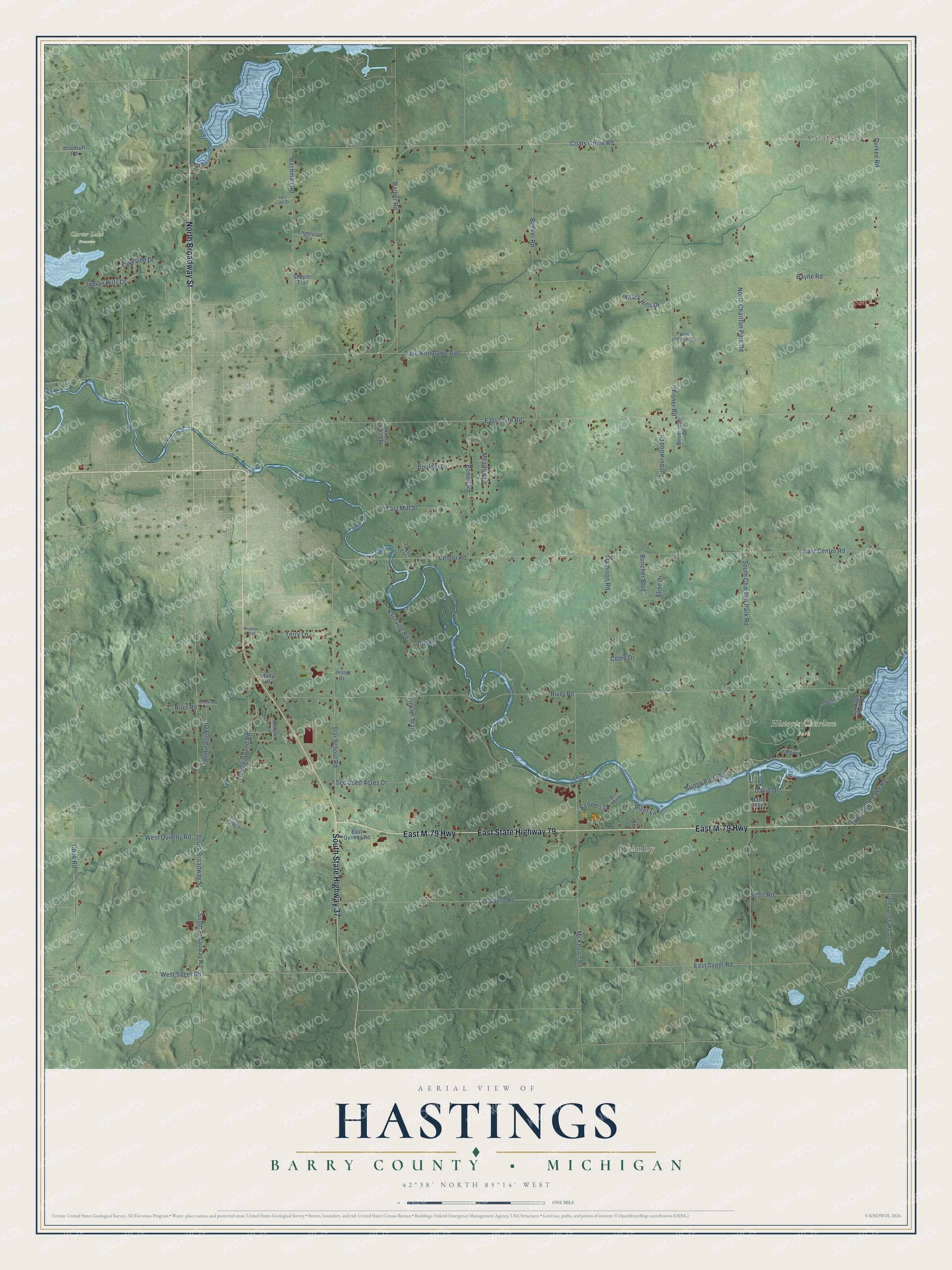 Full map of Hastings, Michigan, with red buildings, printed street names and the land around them