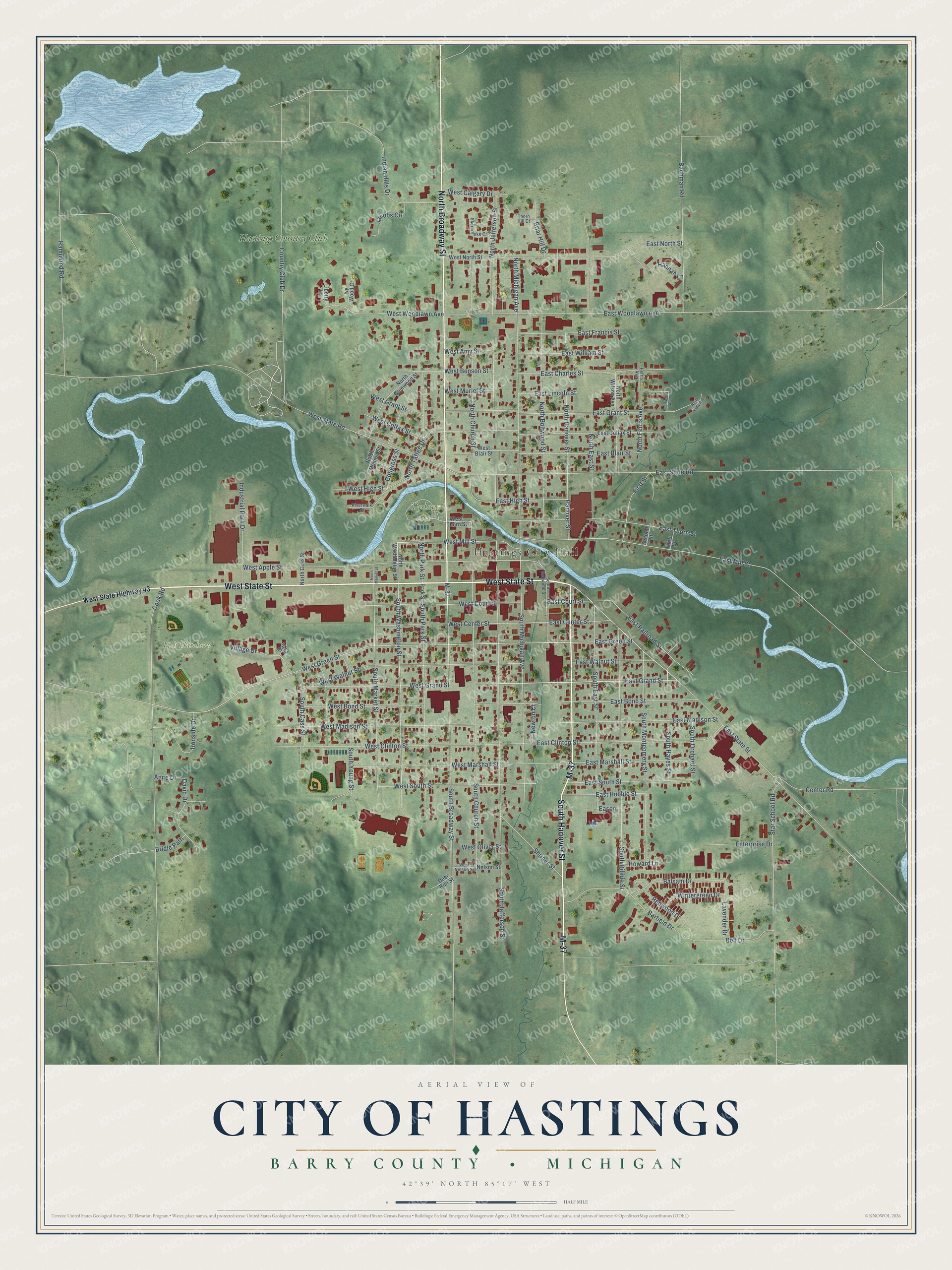 Full map of Hastings, Michigan, with red buildings, printed street names and the land around them