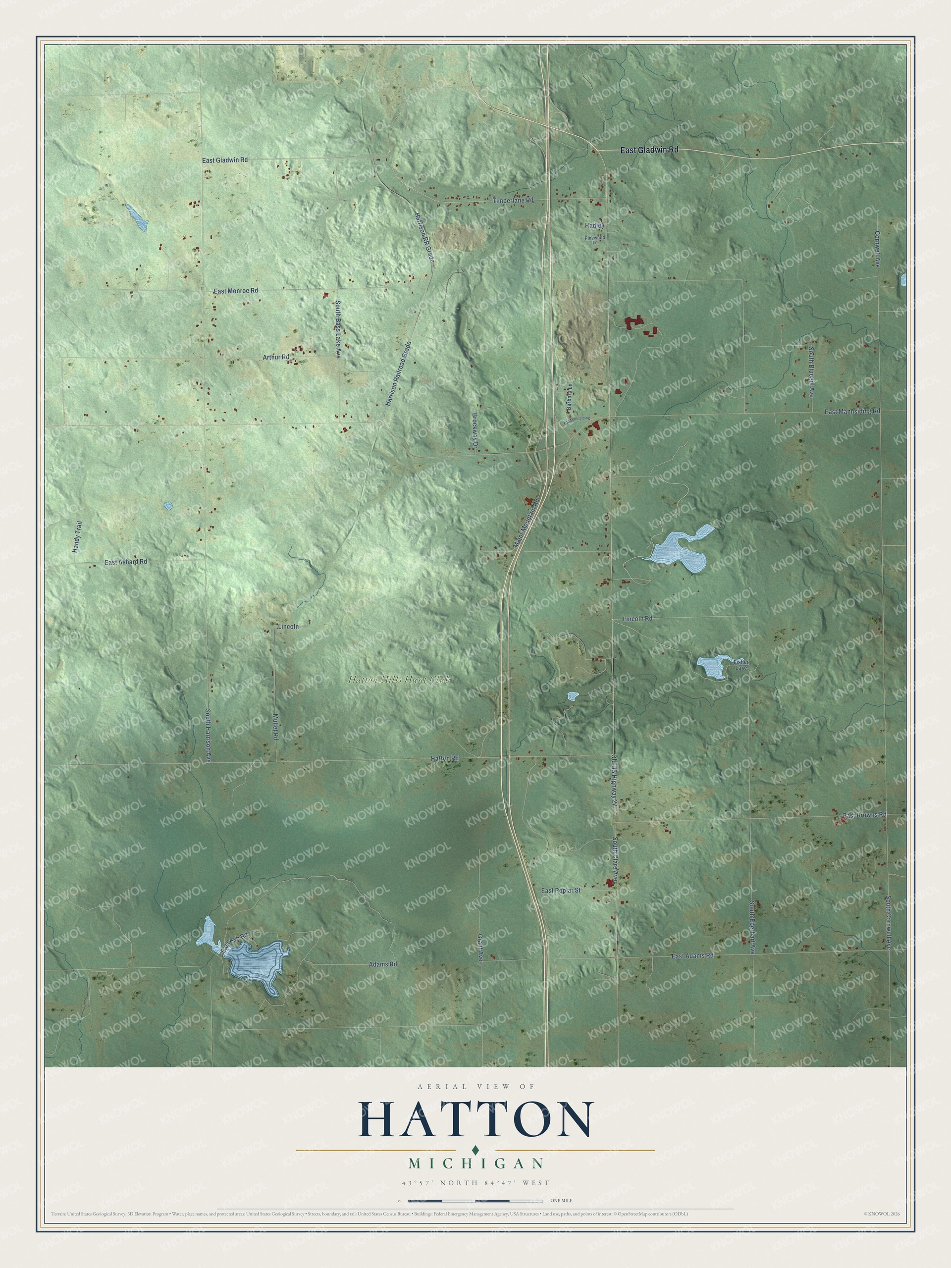Full map of Hatton, Michigan, with red buildings, printed street names and the land around them