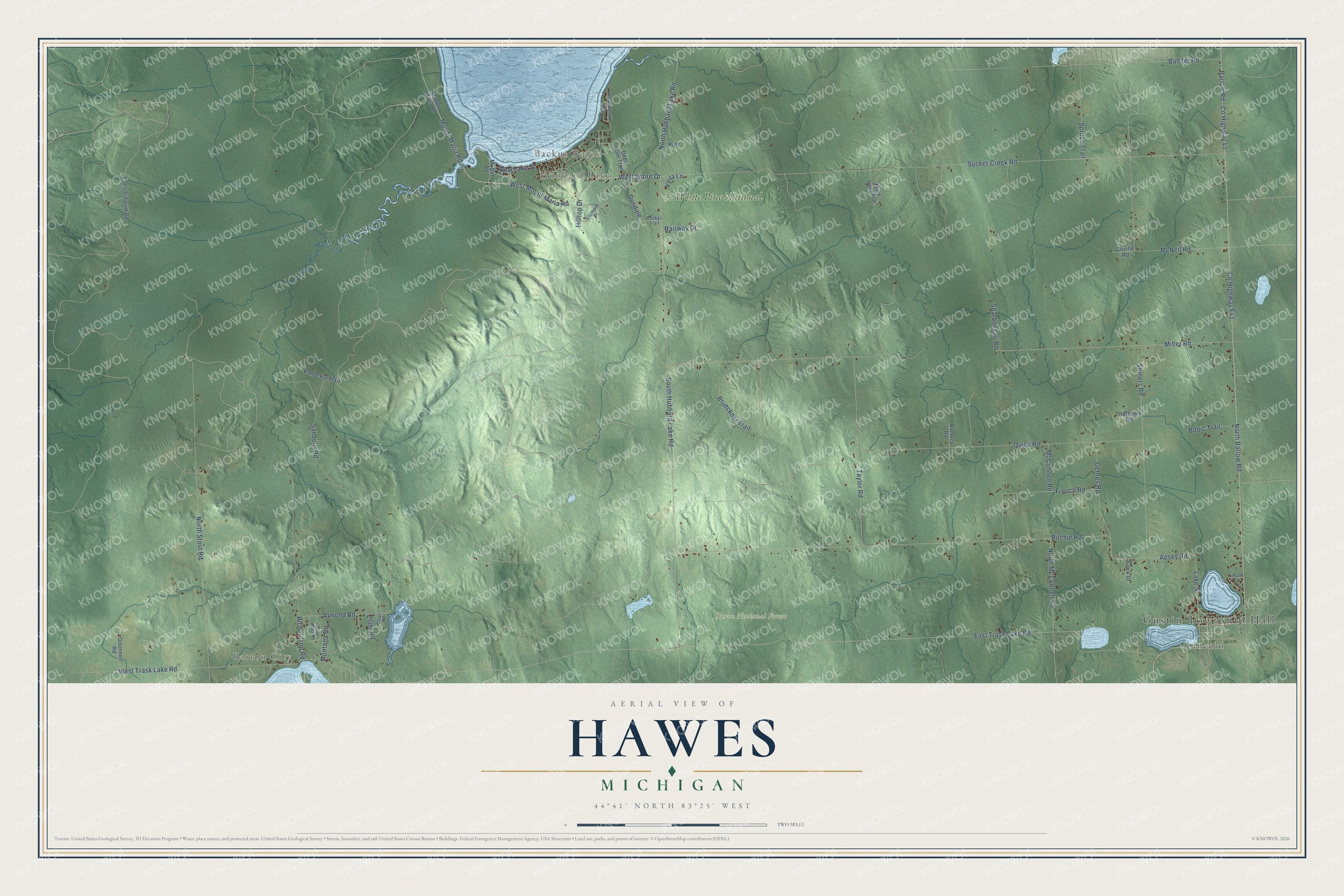 Full map of Hawes, Michigan, with red buildings, printed street names and the land around them