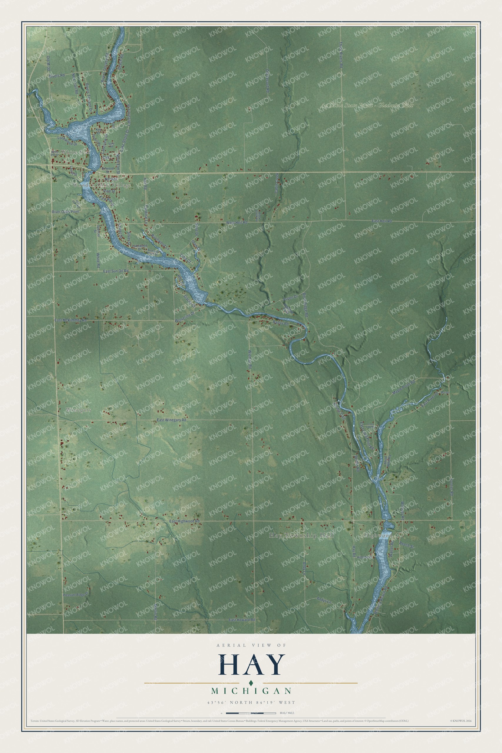 Full map of Hay, Michigan, with red buildings, printed street names and the land around them