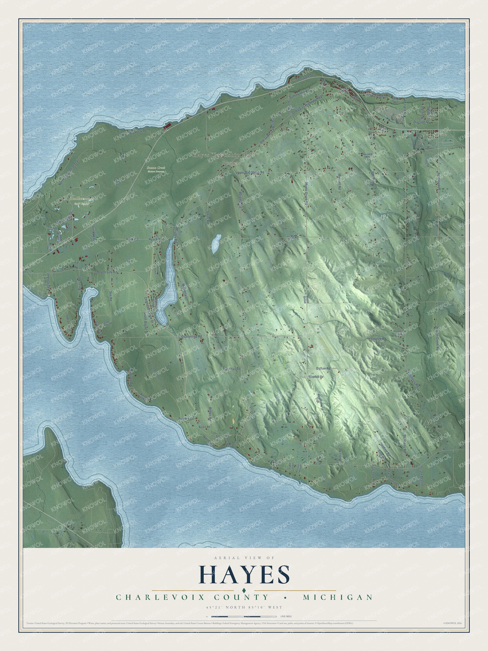 Full map of Hayes, Michigan, with red buildings, printed street names and the land around them