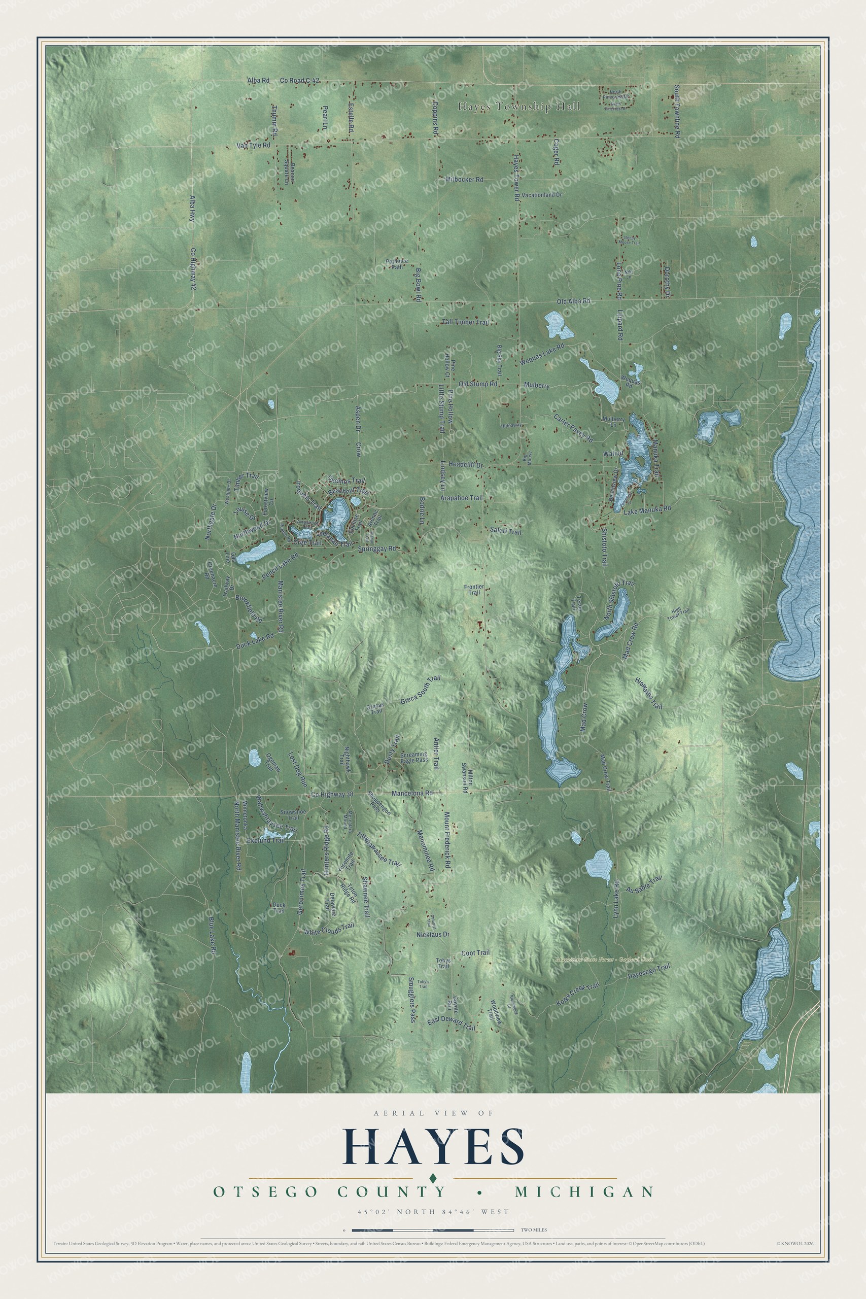 Full map of Hayes, Michigan, with red buildings, printed street names and the land around them
