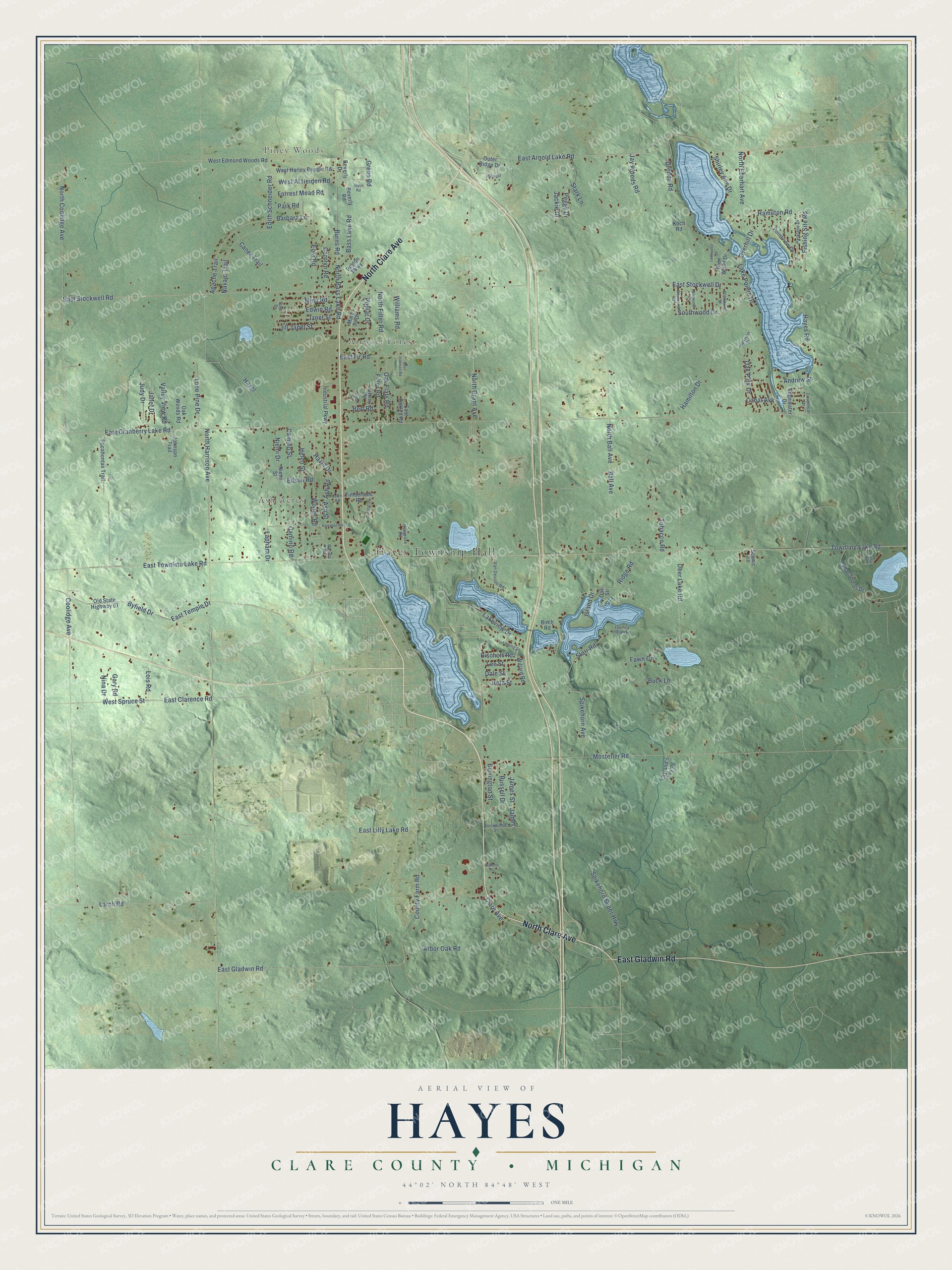 Full map of Hayes, Michigan, with red buildings, printed street names and the land around them