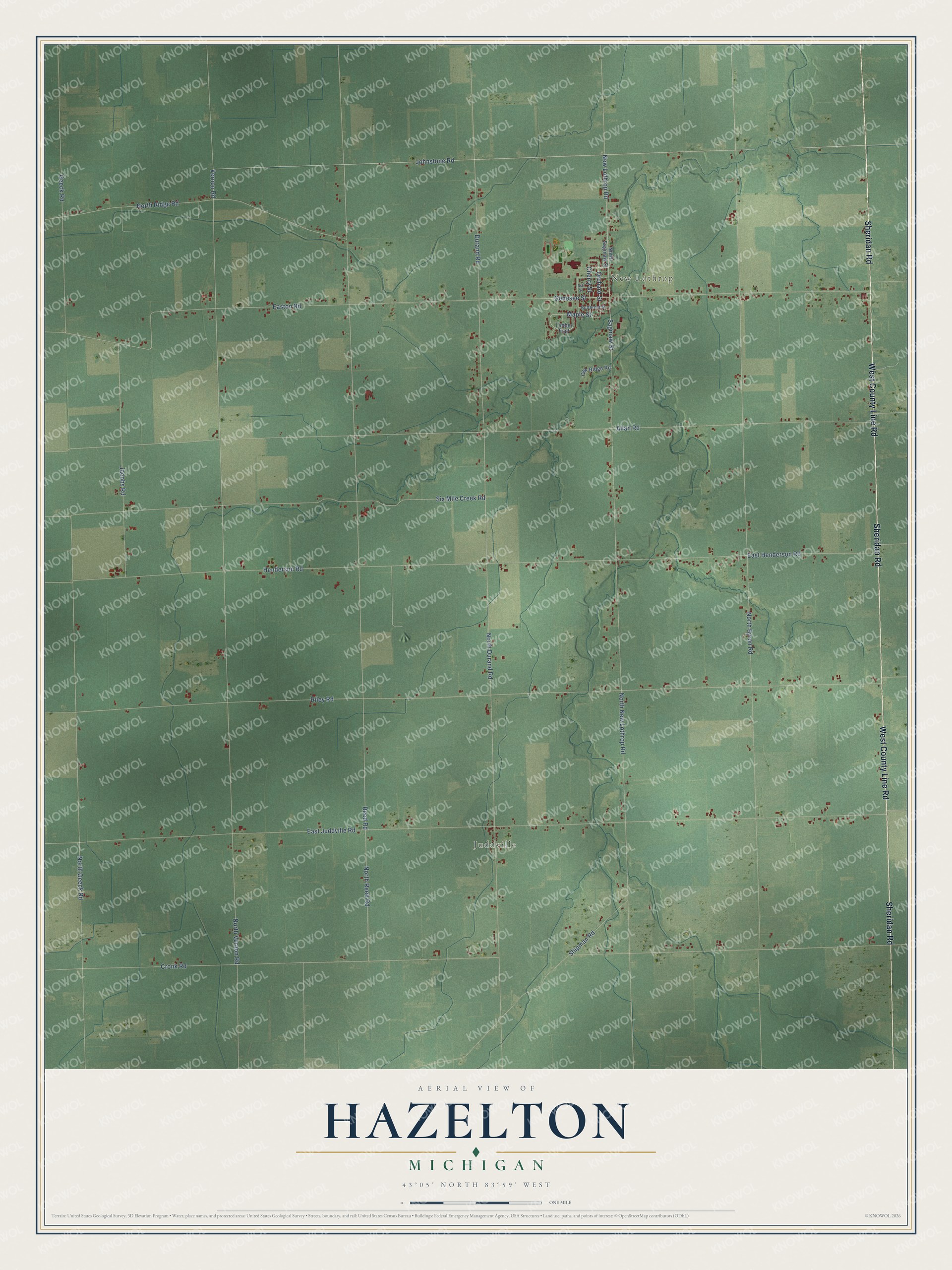 Full map of Hazelton, Michigan, with red buildings, printed street names and the land around them