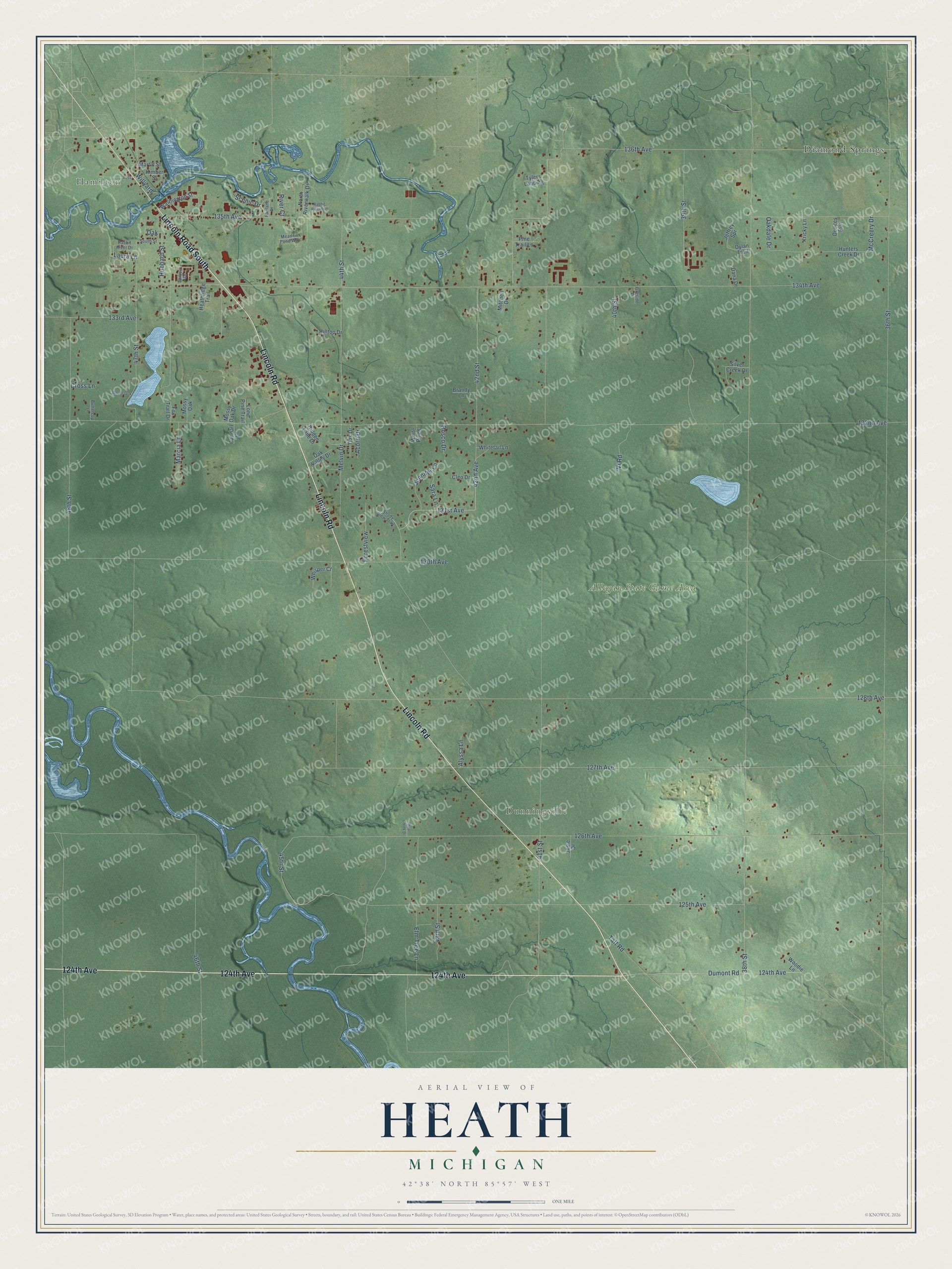 Full map of Heath, Michigan, with red buildings, printed street names and the land around them