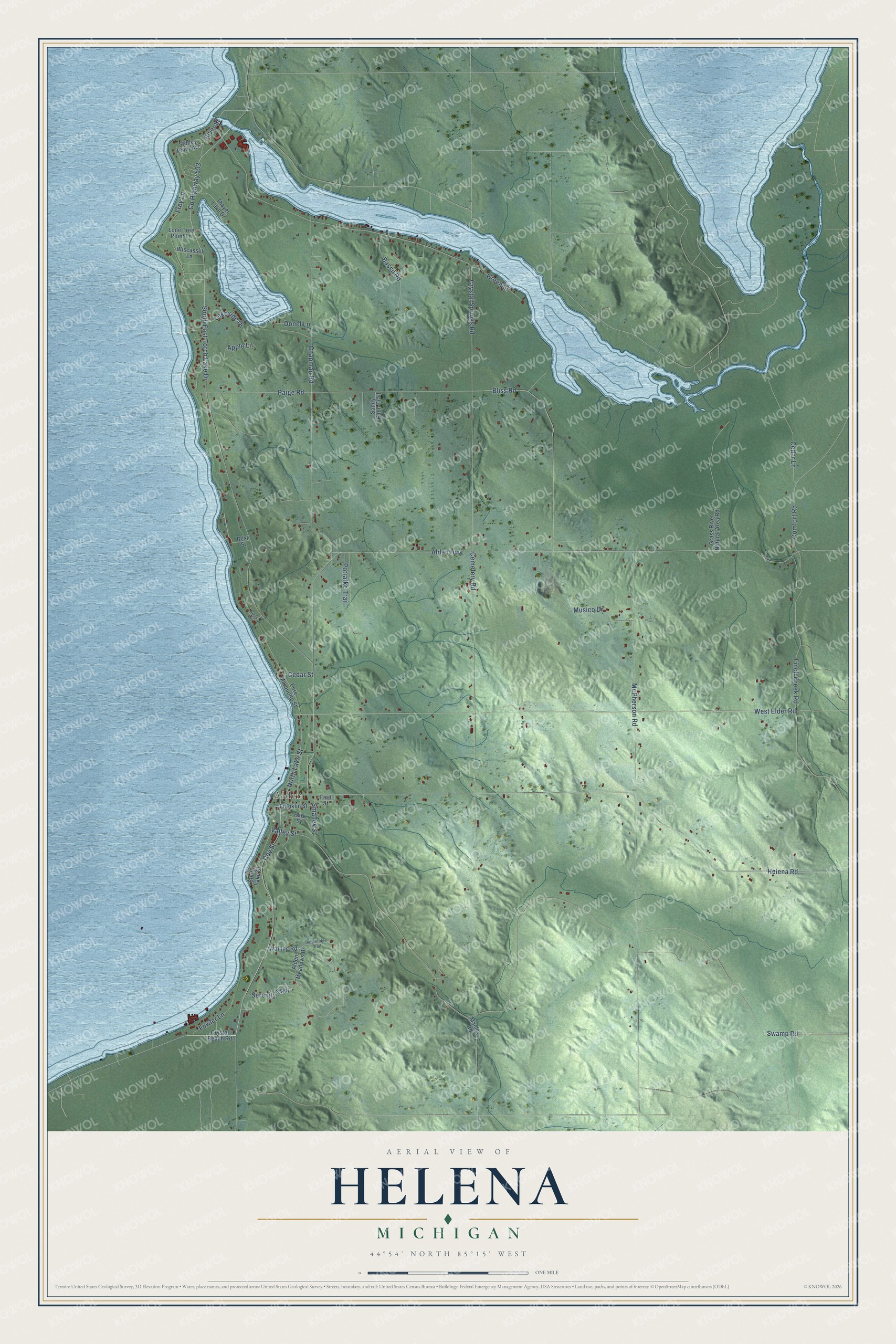 Full map of Helena, Michigan, with red buildings, printed street names and the land around them
