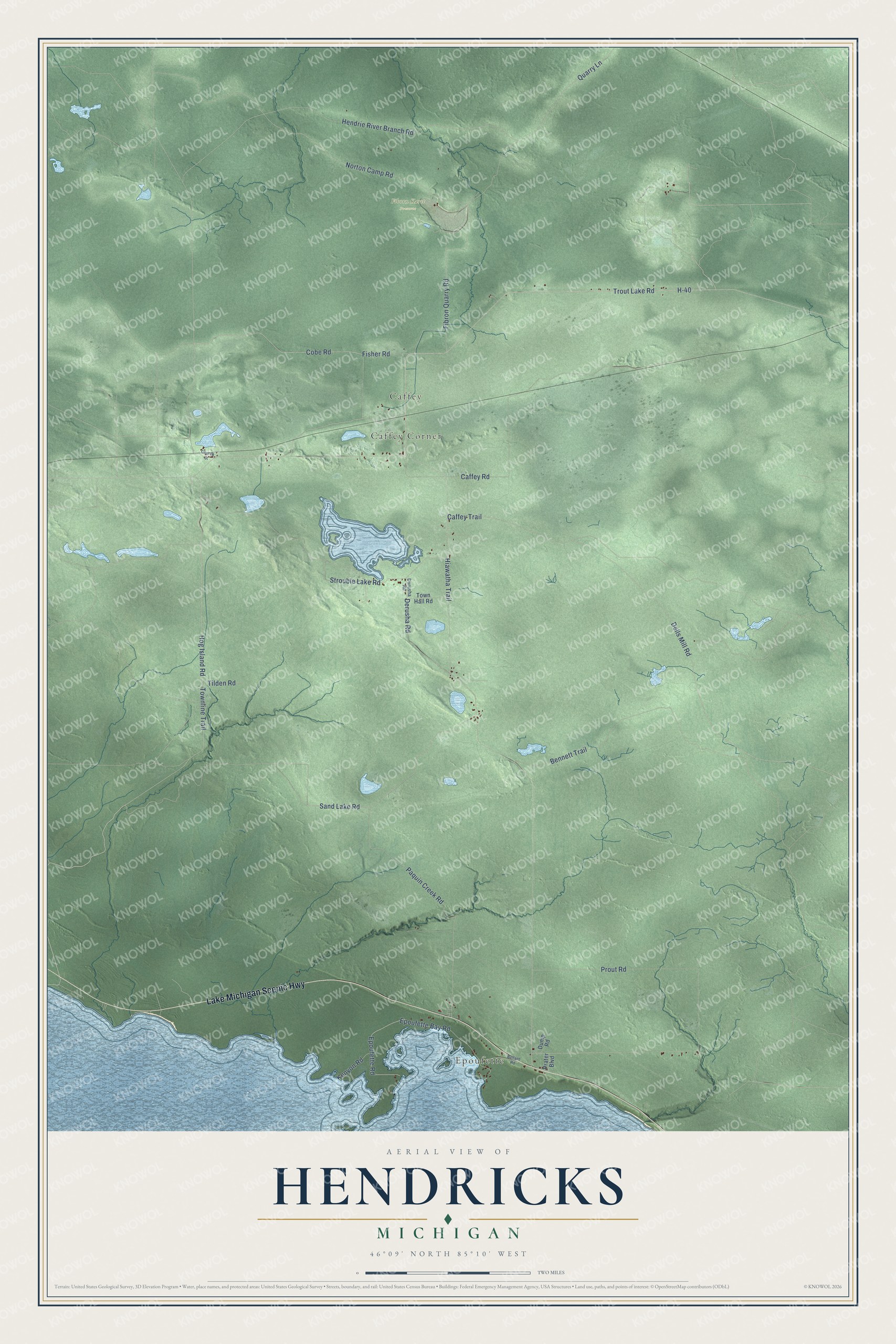 Full map of Hendricks, Michigan, with red buildings, printed street names and the land around them