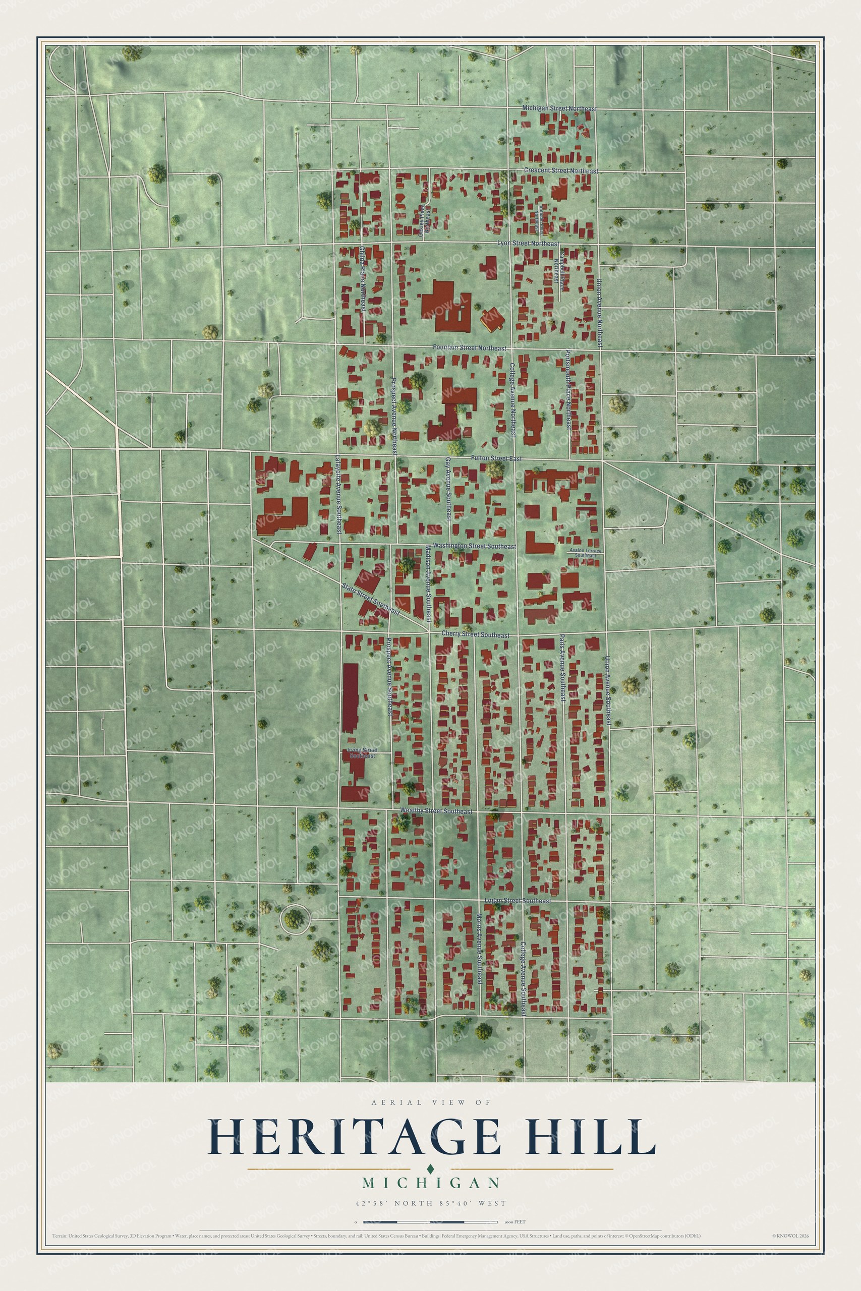Full map of Heritage Hill, Michigan, with red buildings, printed street names and the land around them