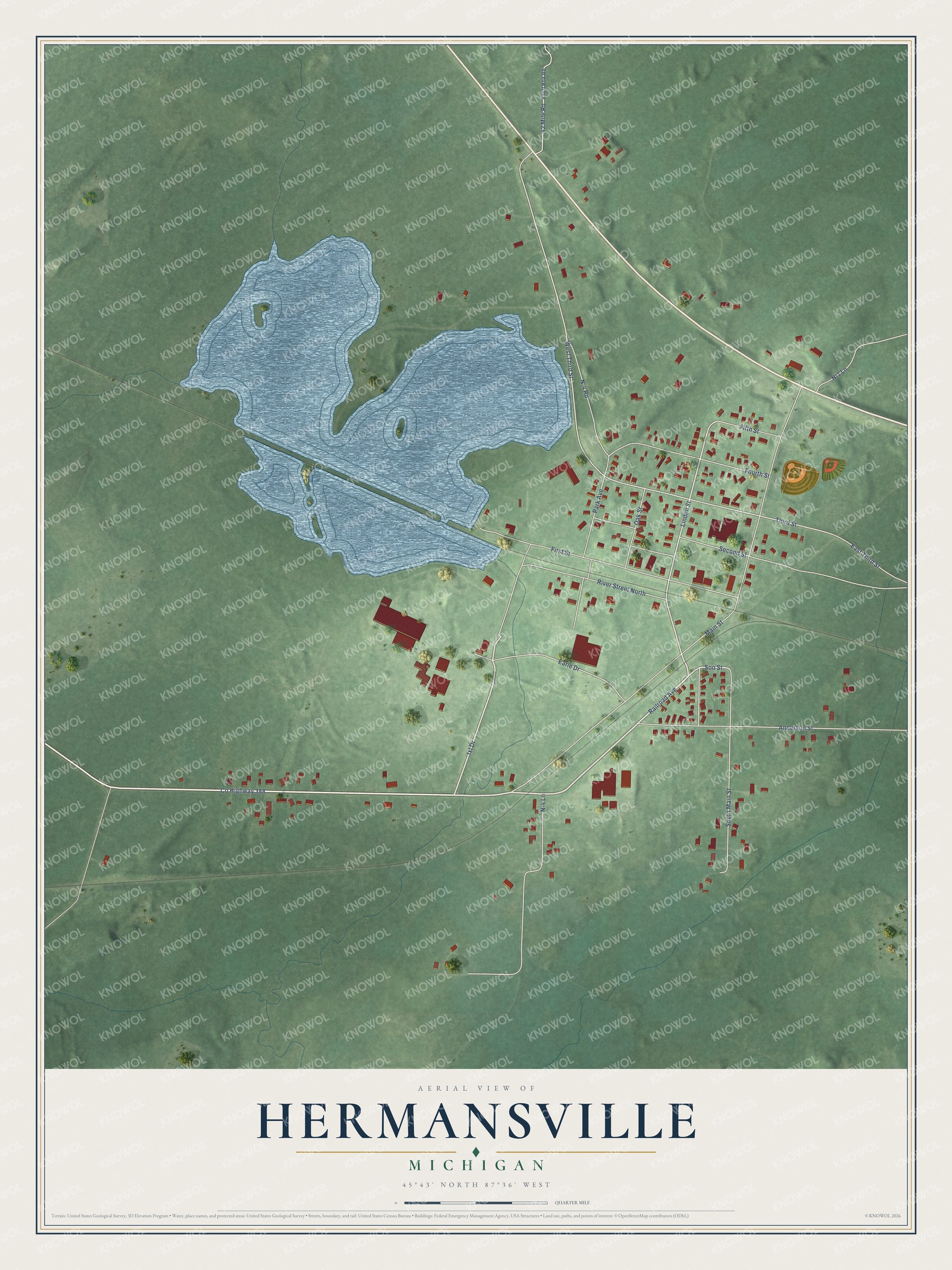 Full map of Hermansville, Michigan, with red buildings, printed street names and the land around them