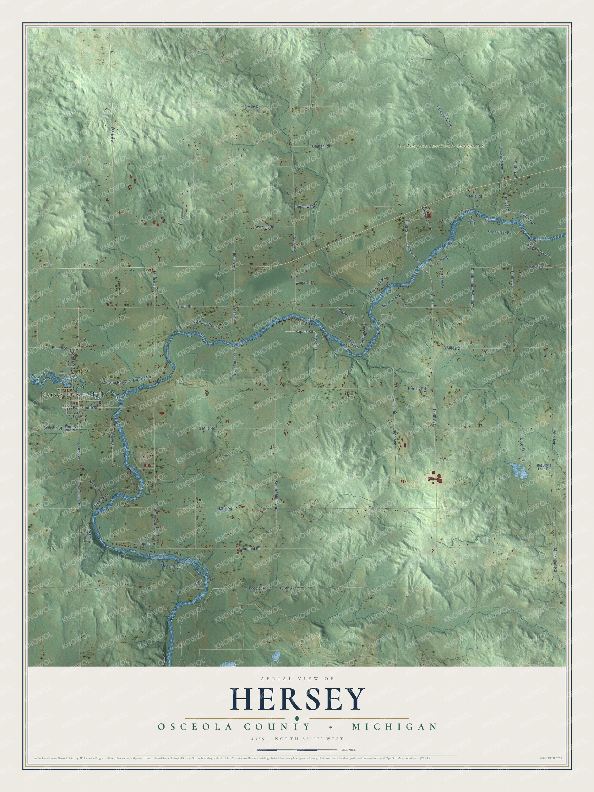 Full map of Hersey, Michigan, with red buildings, printed street names and the land around them