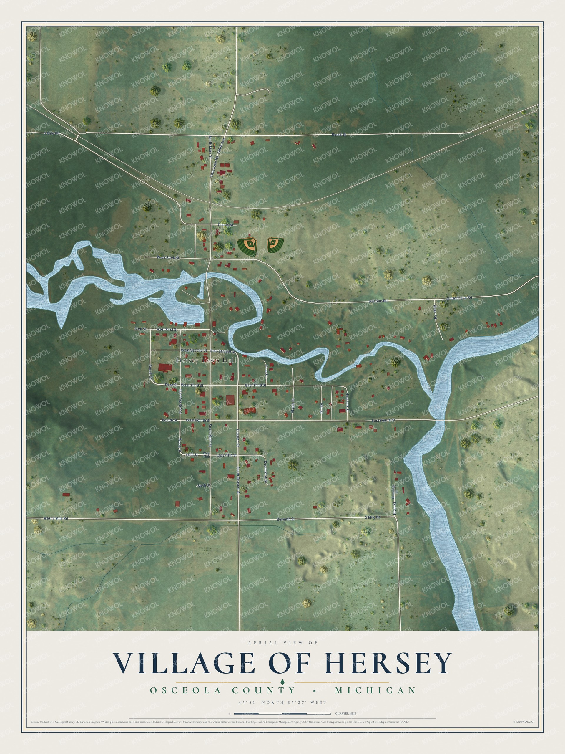 Full map of Hersey, Michigan, with red buildings, printed street names and the land around them