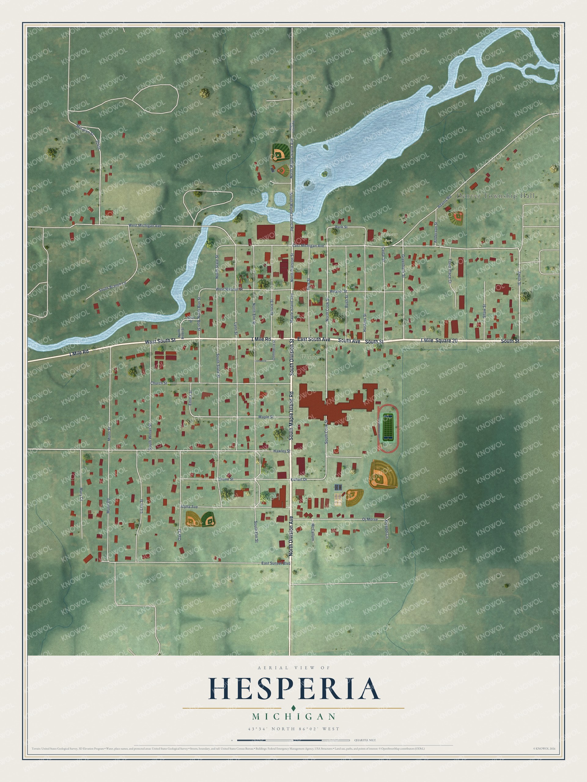 Full map of Hesperia, Michigan, with red buildings, printed street names and the land around them