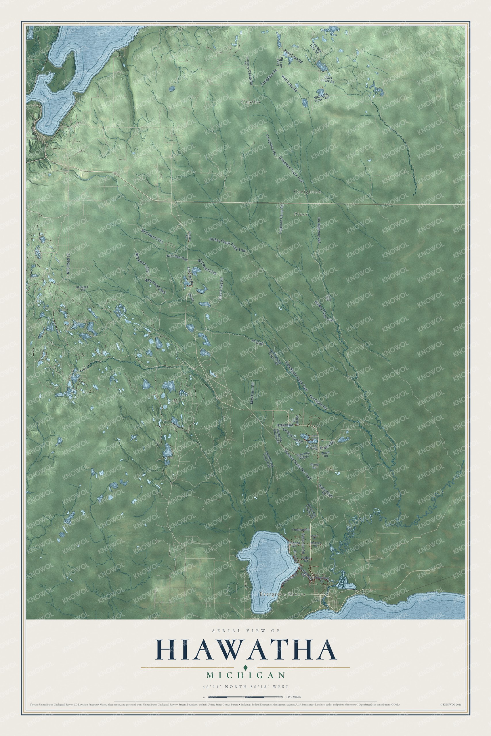 Full map of Hiawatha, Michigan, with red buildings, printed street names and the land around them