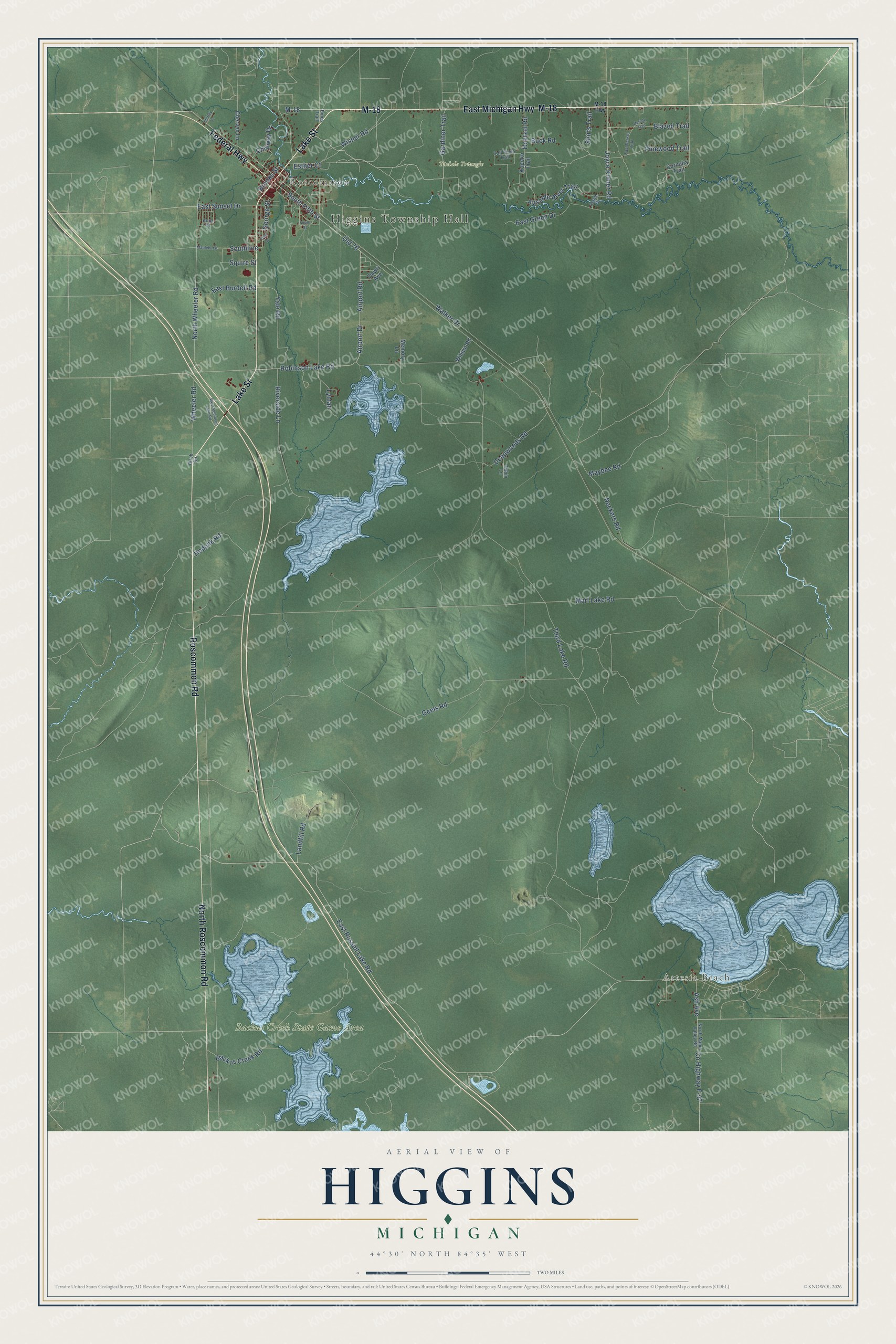 Full map of Higgins, Michigan, with red buildings, printed street names and the land around them