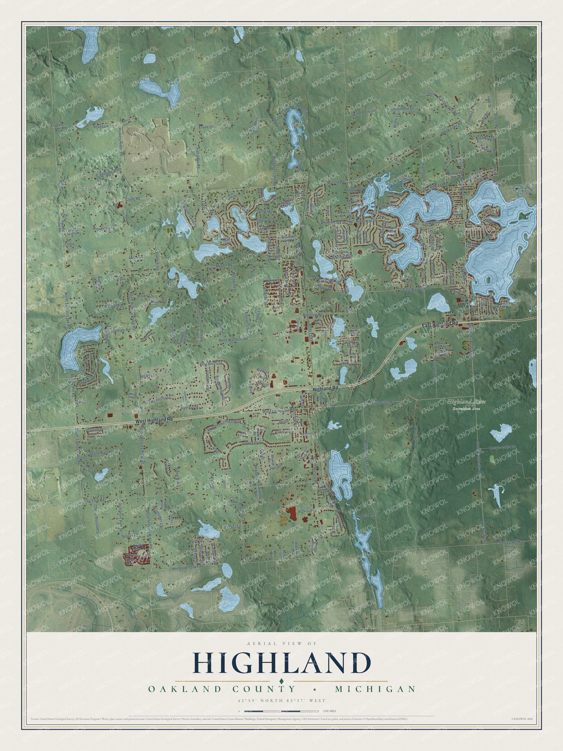 Full map of Highland, Michigan, with red buildings, printed street names and the land around them