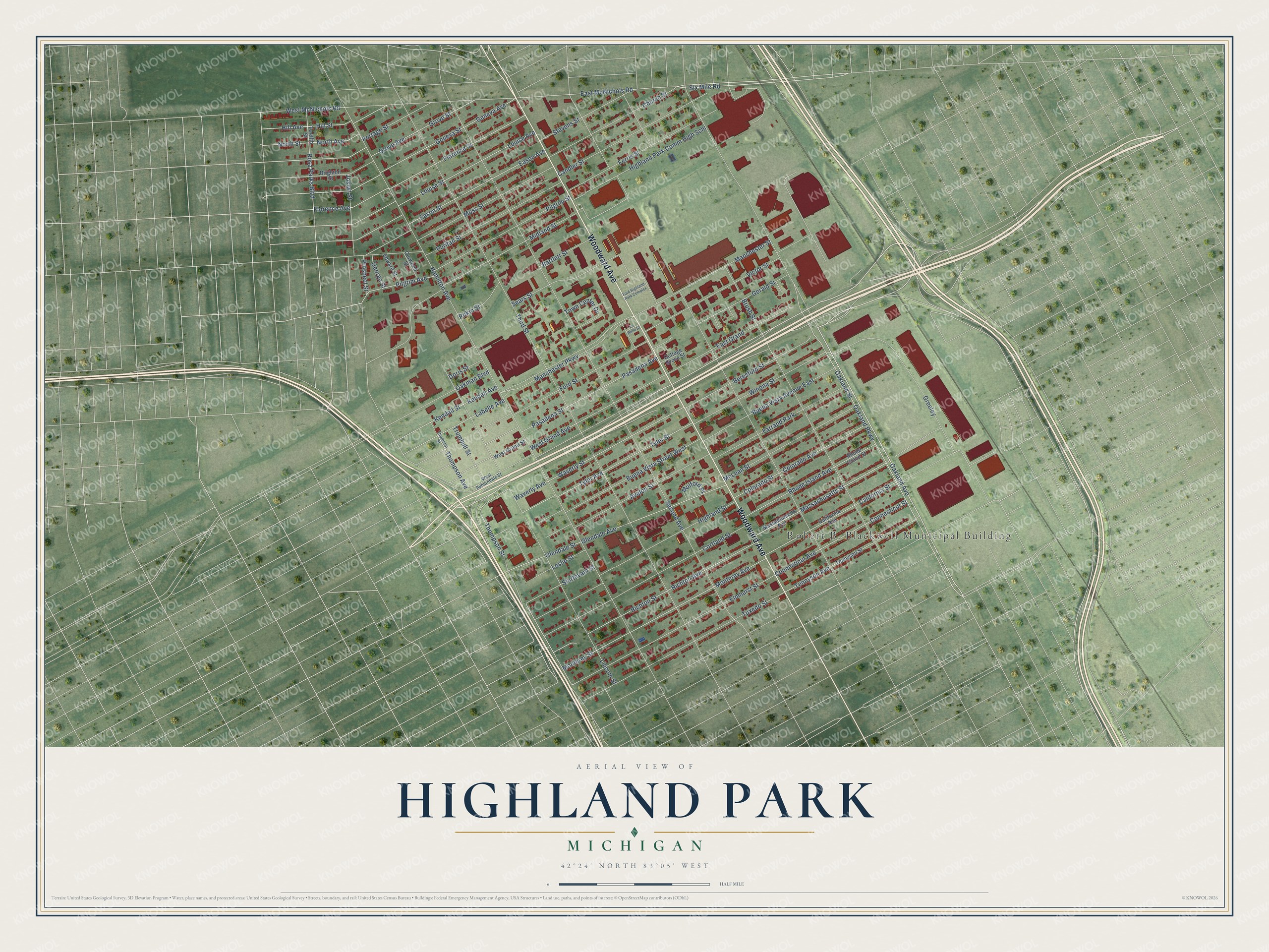 Full map of Highland Park, Michigan, with red buildings, printed street names and the land around them