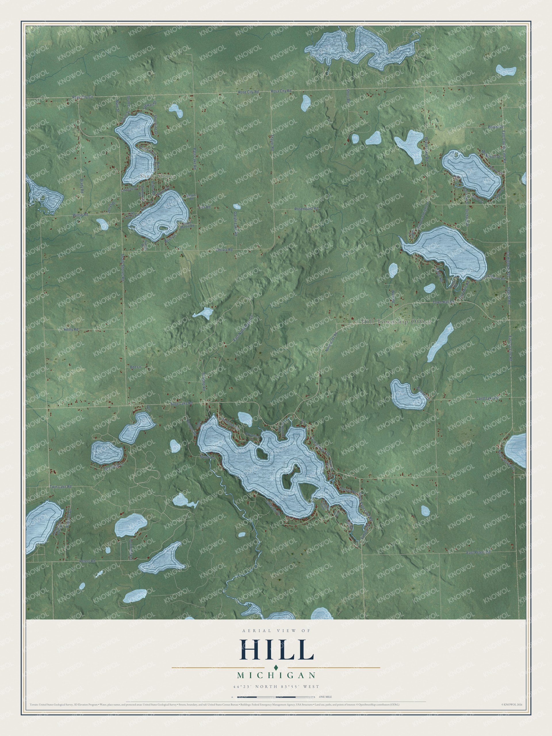 Full map of Hill, Michigan, with red buildings, printed street names and the land around them