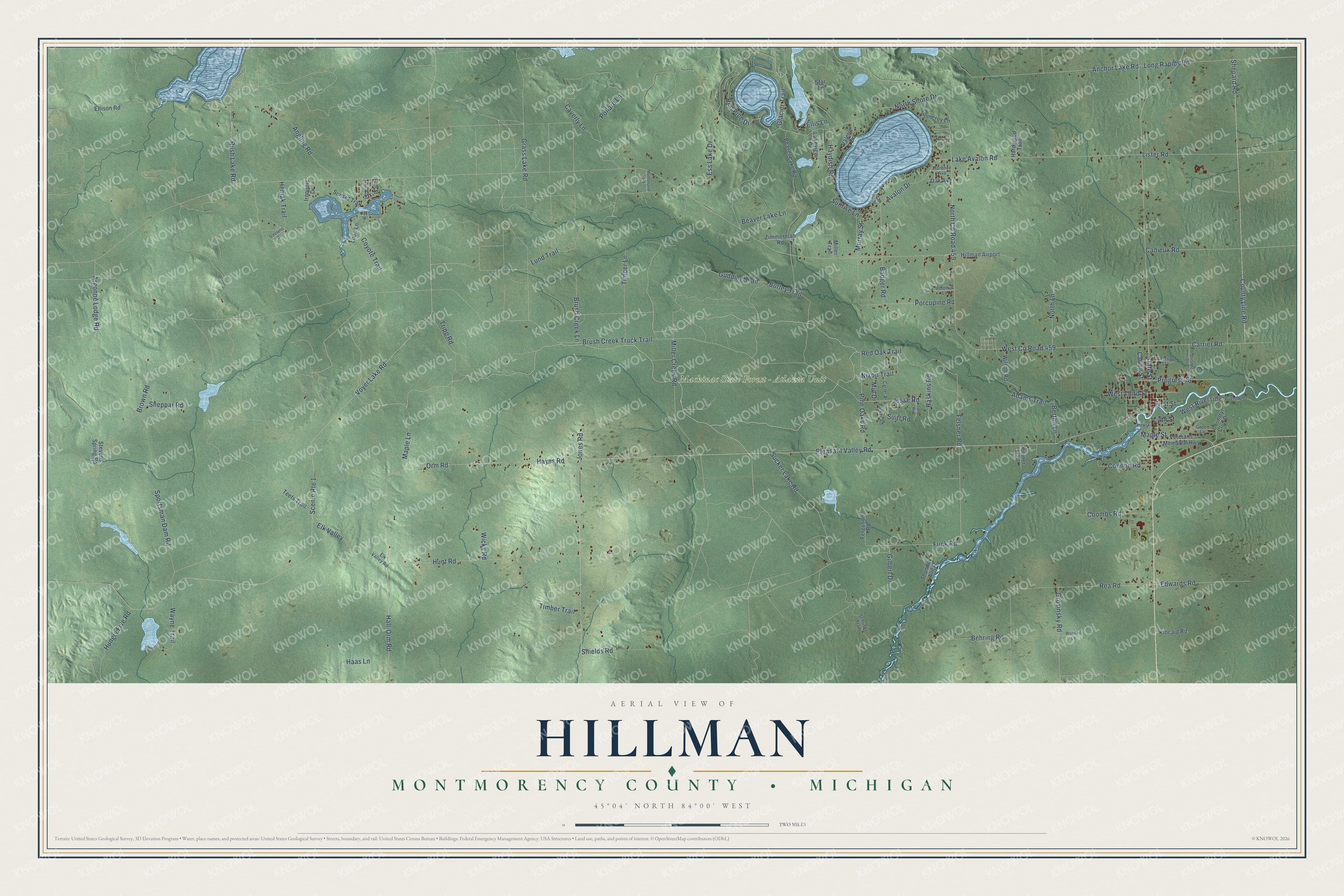 Full map of Hillman, Michigan, with red buildings, printed street names and the land around them