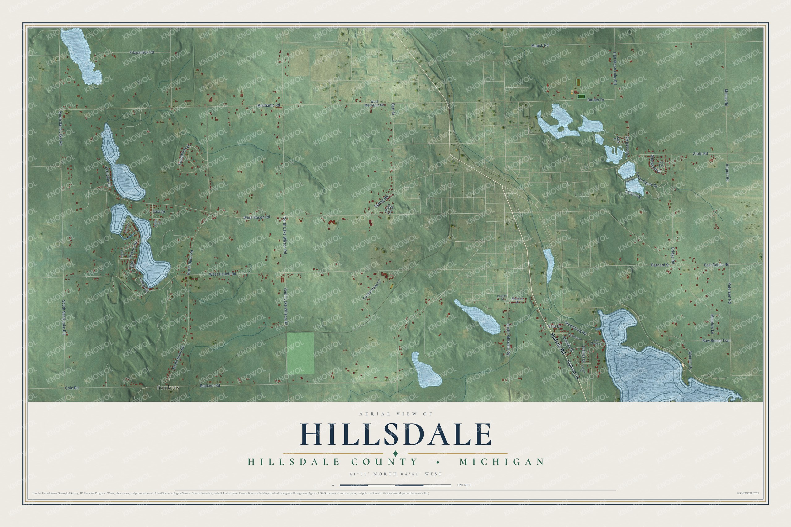Full map of Hillsdale, Michigan, with red buildings, printed street names and the land around them