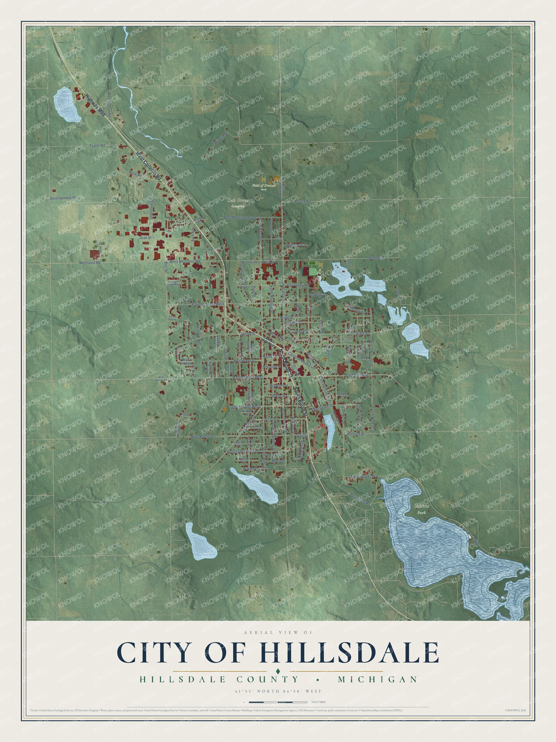 Full map of Hillsdale, Michigan, with red buildings, printed street names and the land around them