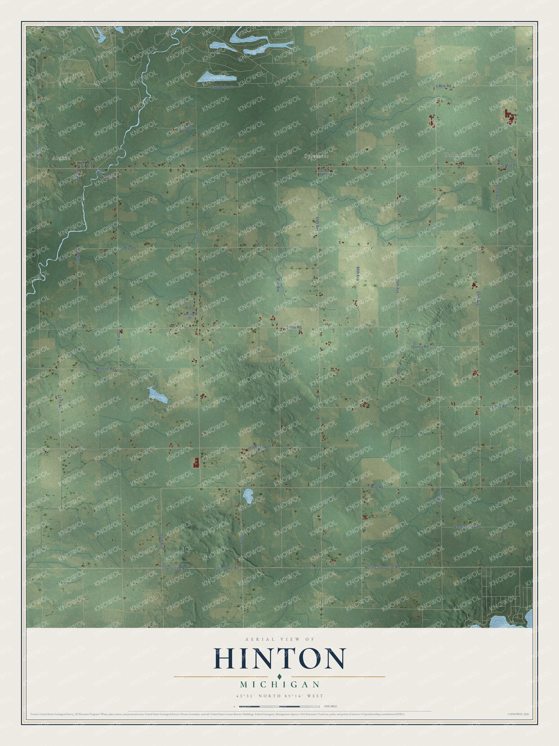 Full map of Hinton, Michigan, with red buildings, printed street names and the land around them