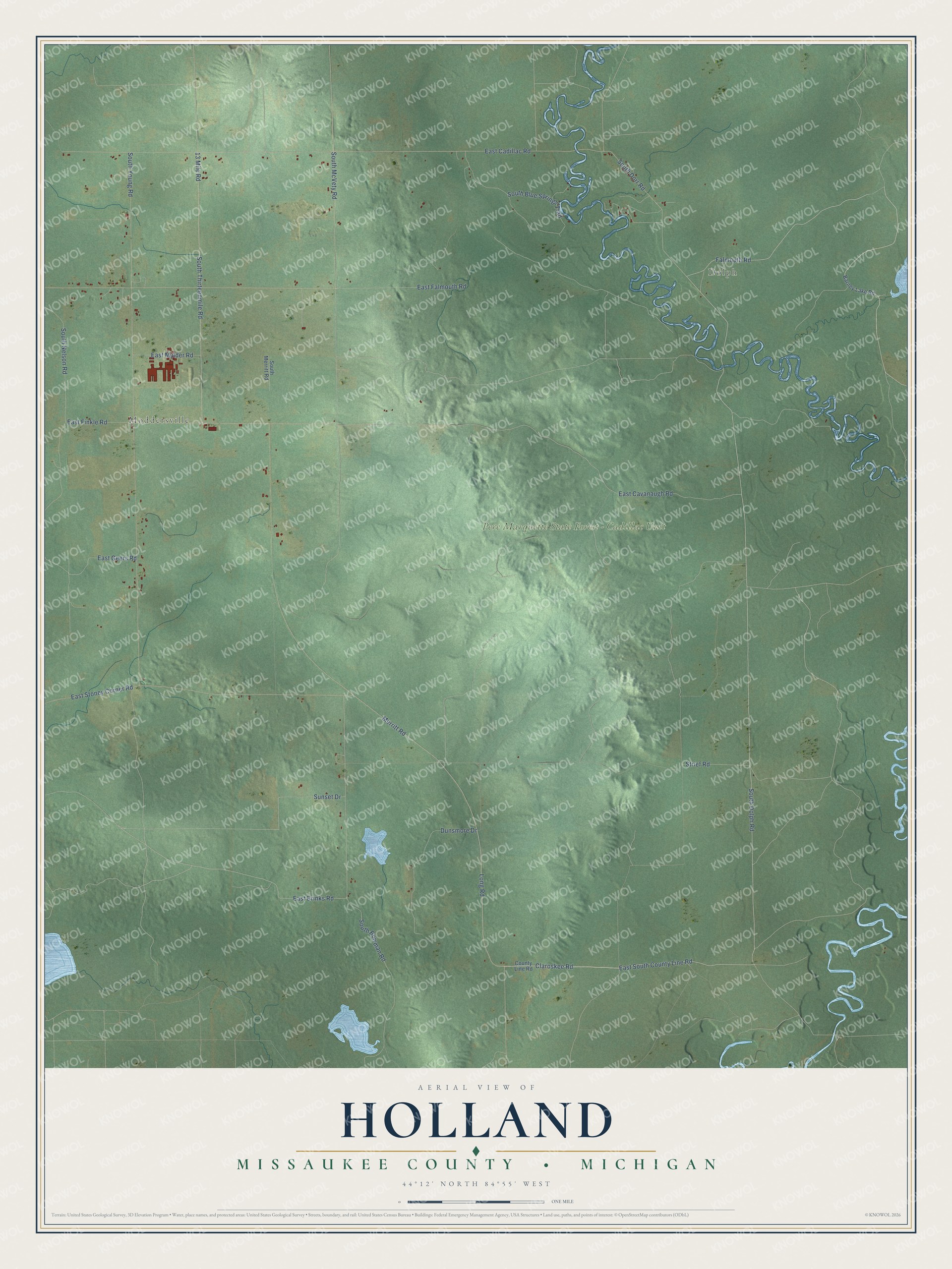 Full map of Holland, Michigan, with red buildings, printed street names and the land around them