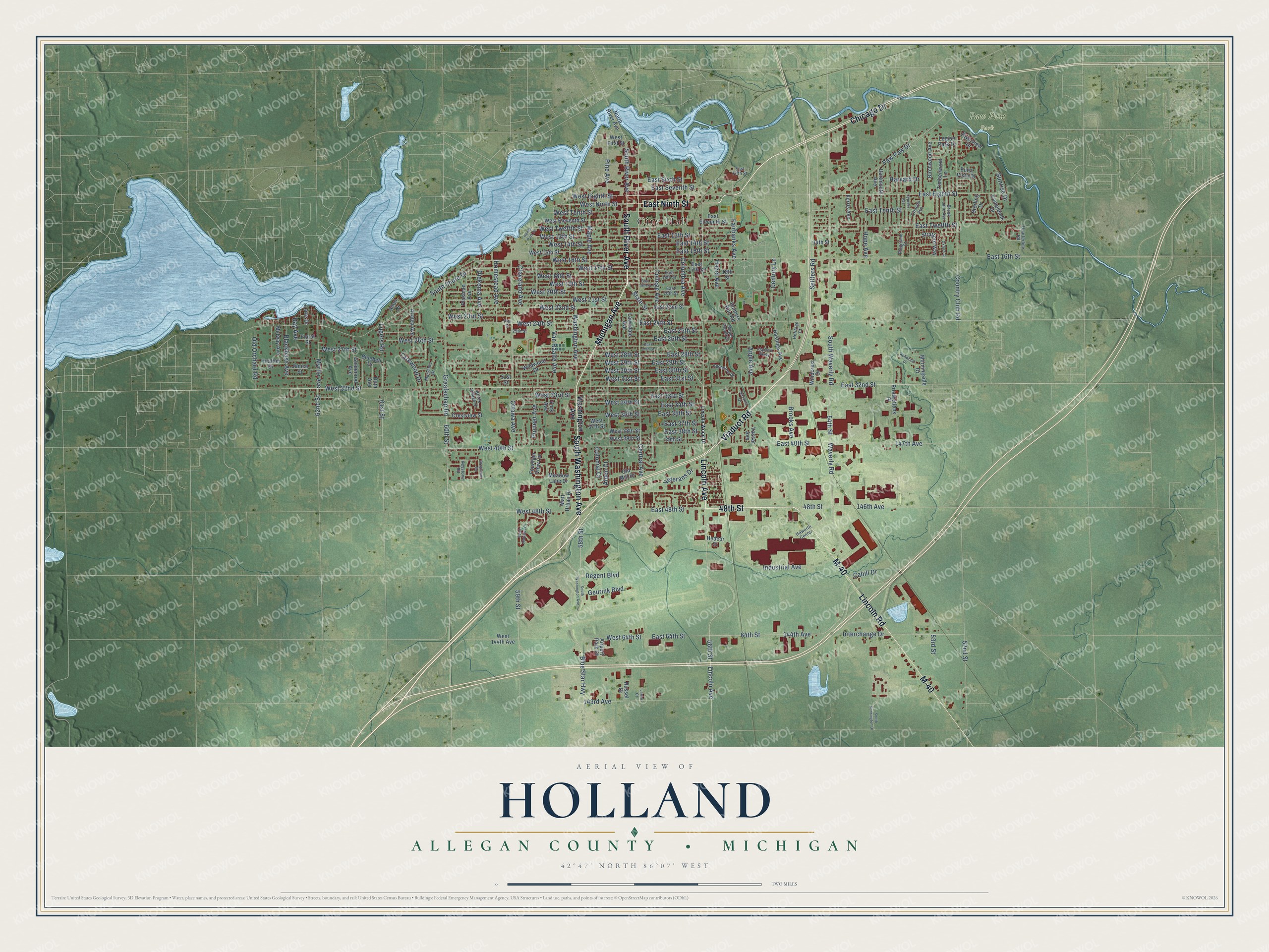 Full map of Holland, Michigan, with red buildings, printed street names and the land around them